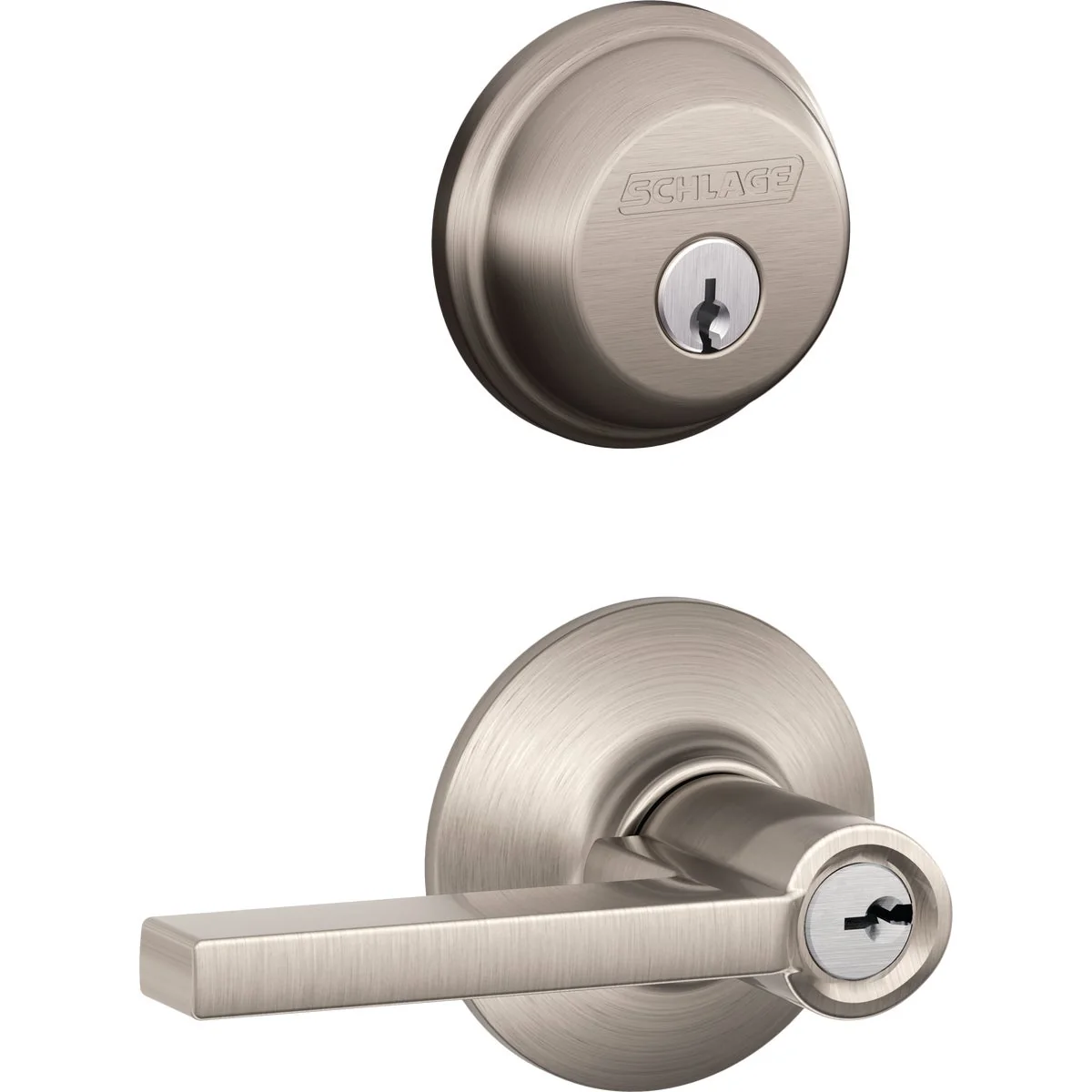 Stylish Schlage Satin Nickel Single Cylinder Deadbolt and Keyed Entry Latitude Lever Combination Pack Crafted
