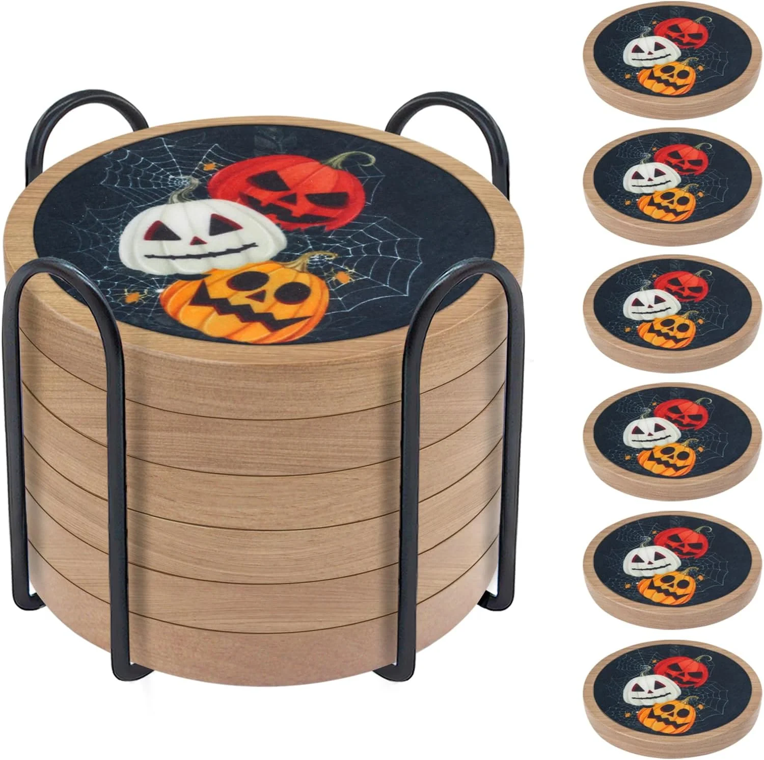 Efficient Halloween Coasters Set of 6 Pumpkins Coaster Minacun Black Absorbent Coasters with Holder Halloween Thanksgiving Themed Party Decoration 4.3 Inch Sophisticated