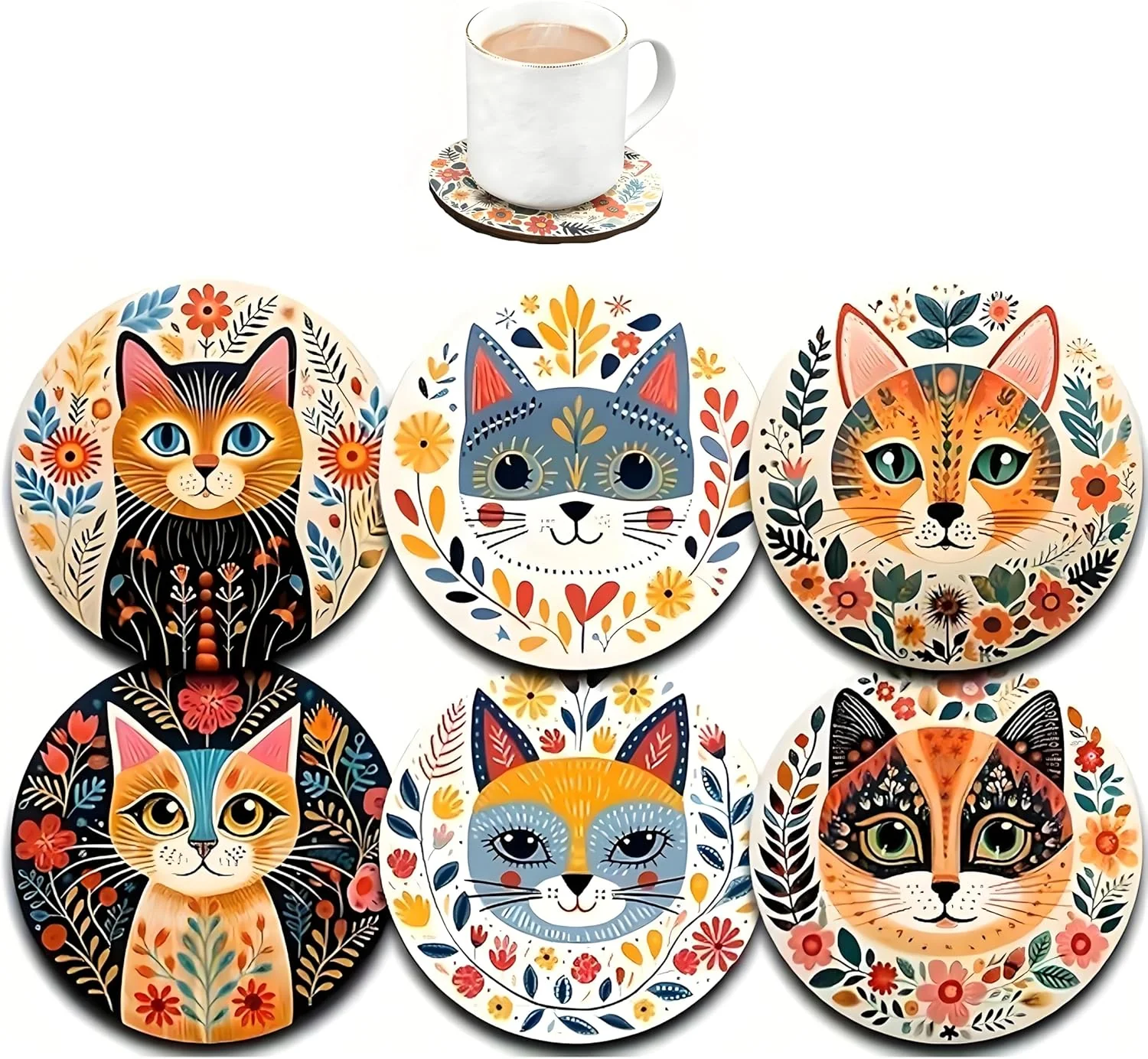 Eco-Friendly Coasters Set of 6 Wood Coasters for Drinks – Handcrafted Cat Design Thick Heat-Resistant for Beer Coffee Office Bar Farmhouse Home Decor World-Class