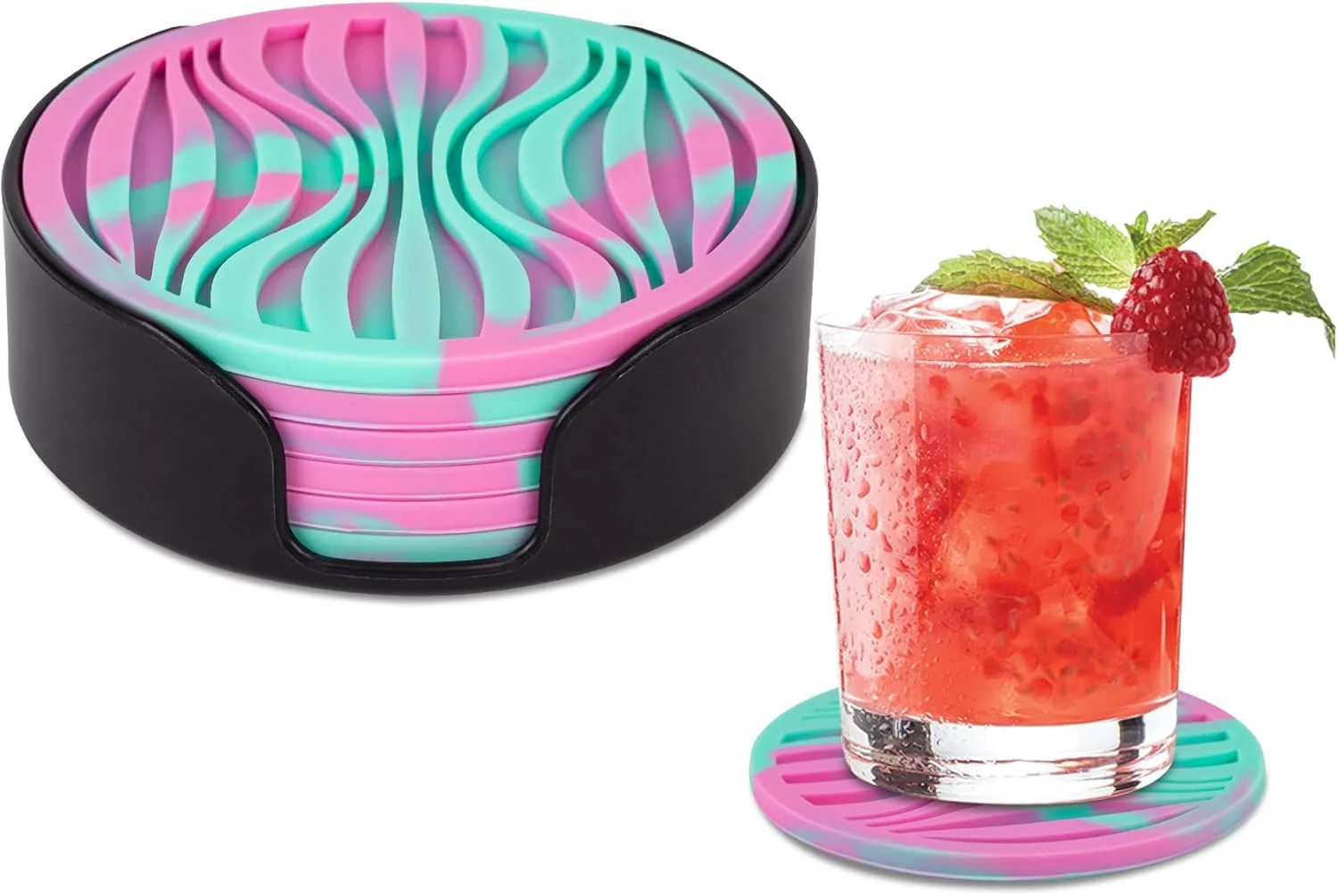 Detailed 6 Pack Drink Coasters Plastic Coaster with Holder Non-Slip Silicone Cup Mat Rubber Coasters Live for Hot or Cold Drink Clean