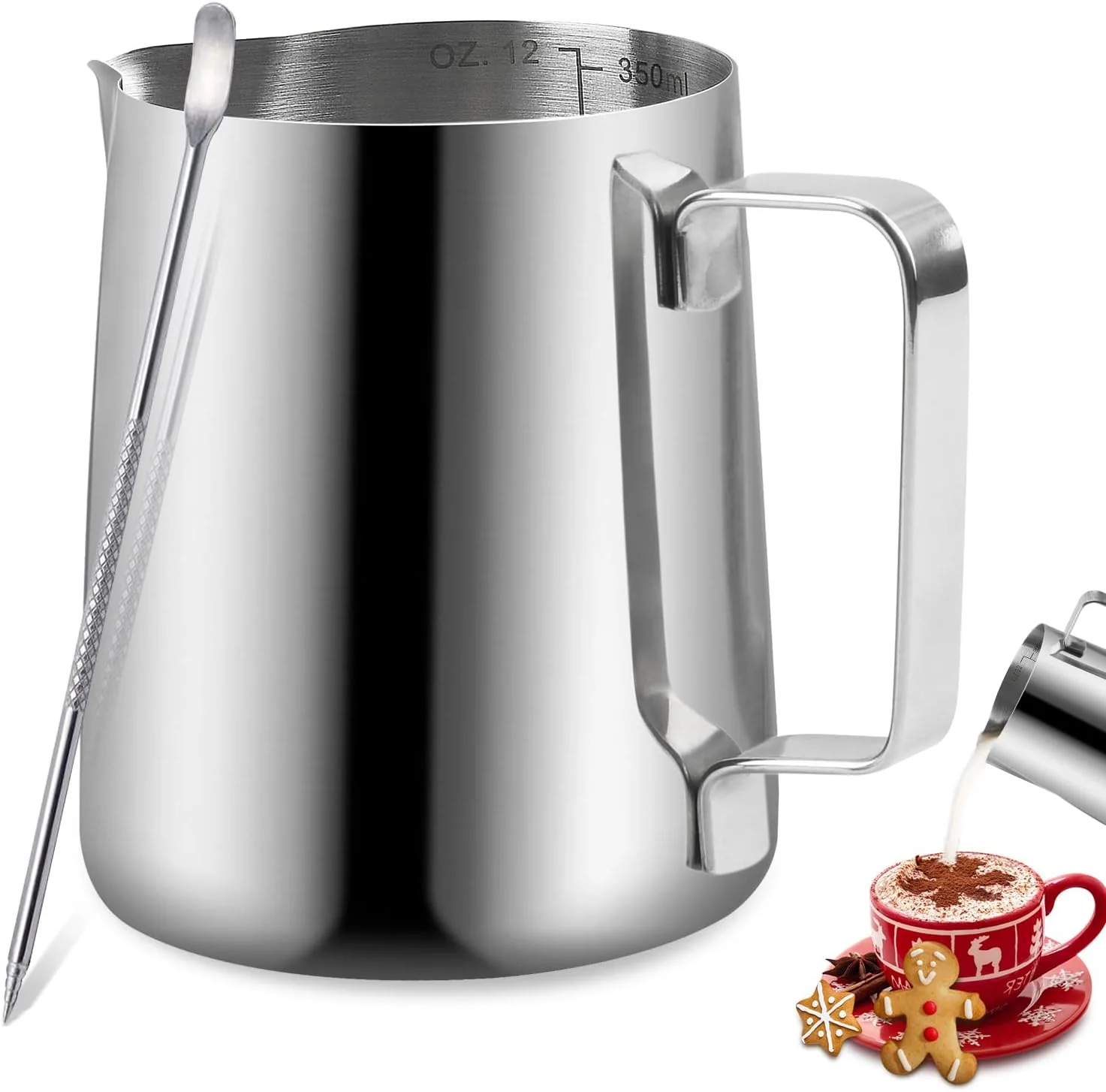 Elite Stainless Steel Espresso Milk Frothing Pitcher – 12OZ 350ML Coffee Milk Frother Cup with Decorating Art Pen for Espresso Machine Latte Art Soft