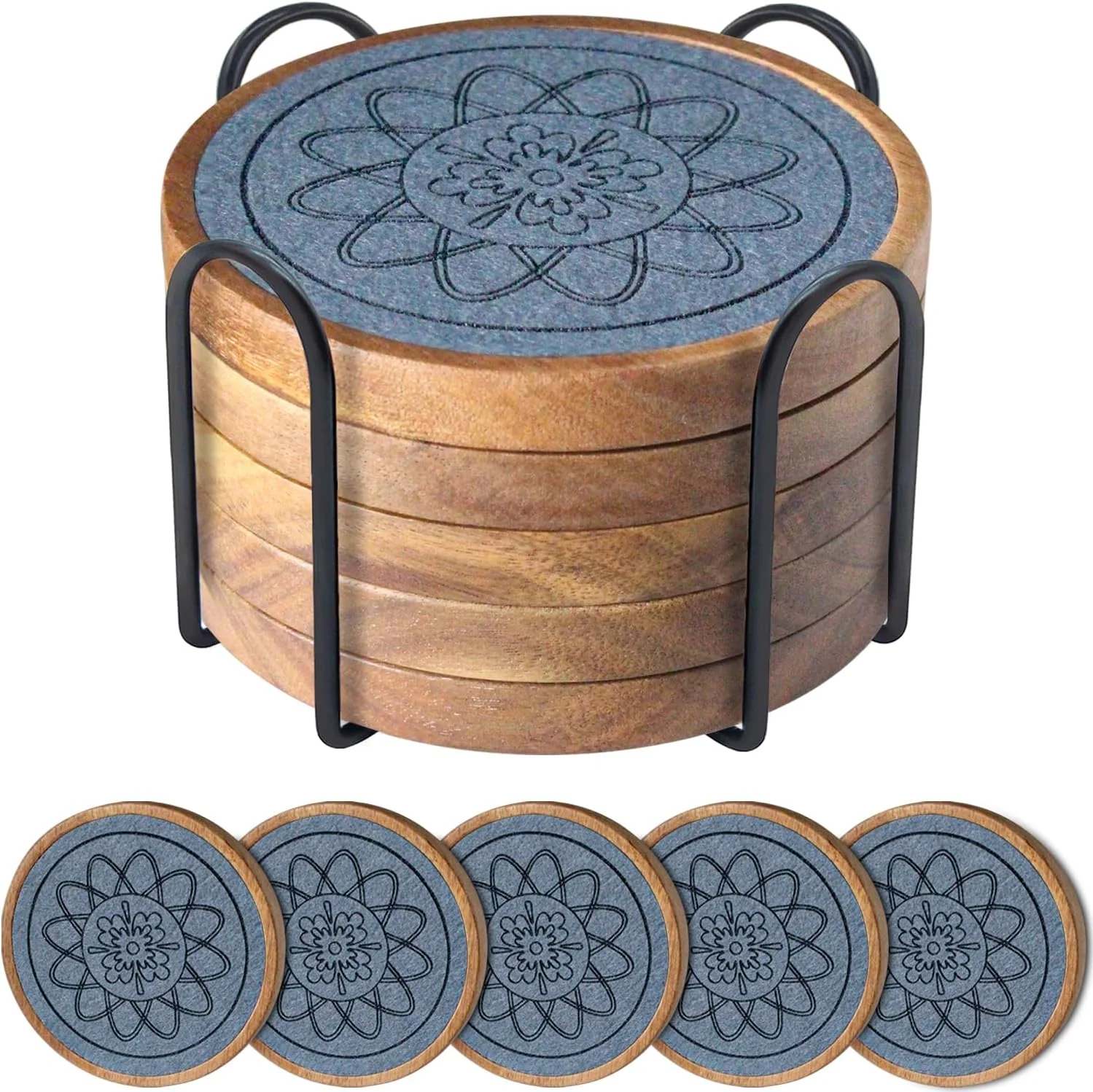 Premium Material 5 Pack Absorbent Coasters for Coffee Table with Holder Wood Coasters with Felt Pads Non-Slip Non-Stick Suit for Kinds of Cups 4.3 inch Gray Effective