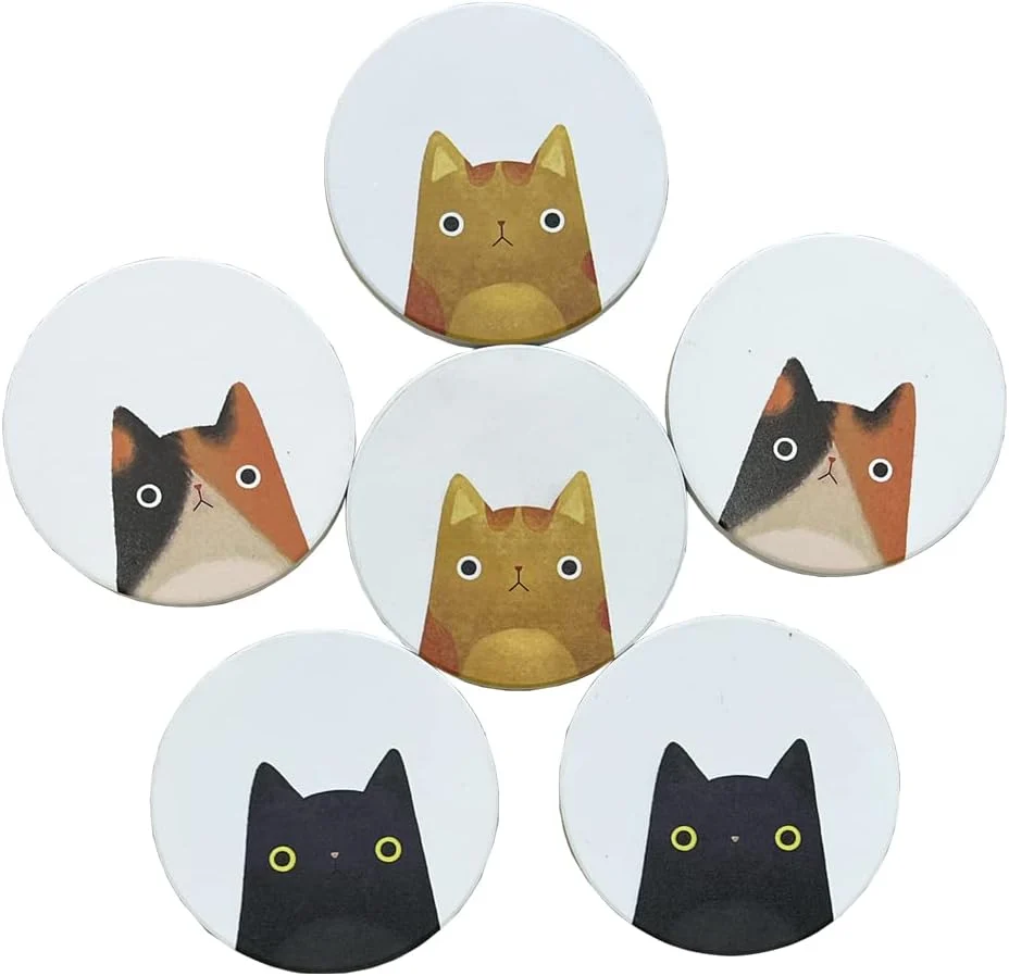 Versatile Coasters Set of 6 Round Ceramic Stone Absorbent Cute Cat Drinks Coasters for Cups and Mugs Coffee Table Office Desk Outdoor Patio Table Refined