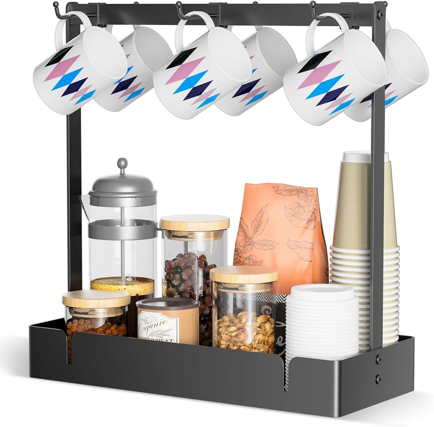 Top-Quality Rchyfeed Coffee Mug Holder Organizer with Movable Hooks Coffee Cup Holder for Countertop Metal Coffee Mug Tree Stand with Storage Basket Lightweight
