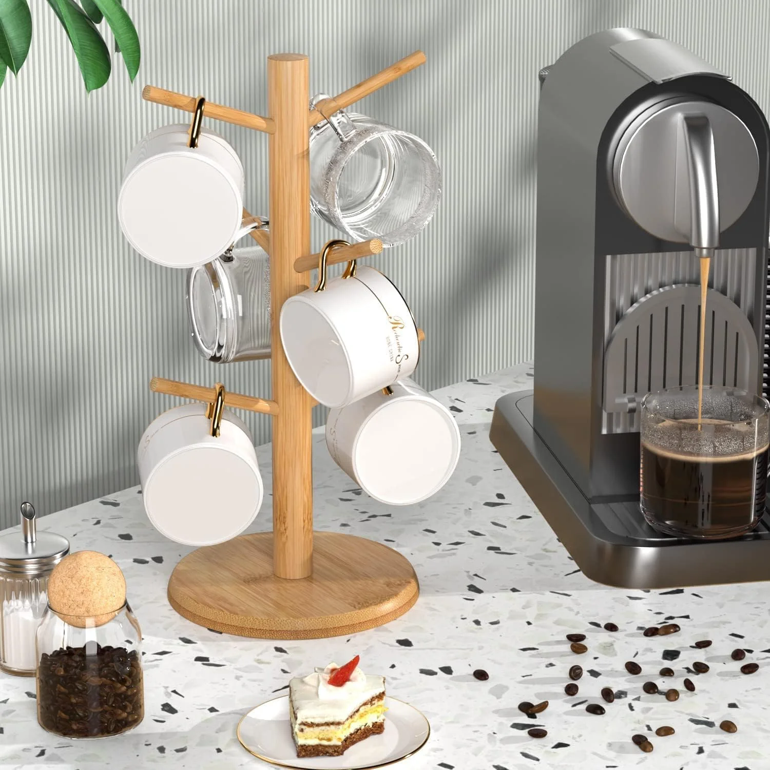 Fashionable Wisuce Coffee Mug Tree Bamboo Mug Holder Coffee Cup Stand Mug Holders for Countertop Coffee Mug Rack Organizer Stand with 6 Hooks Artisan