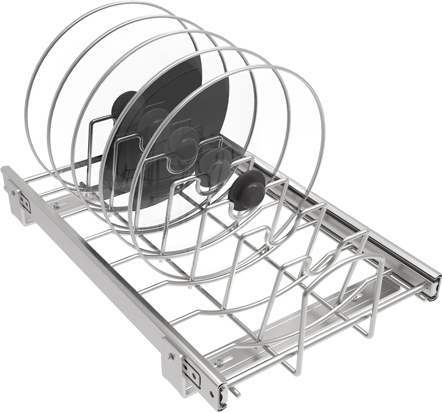 Functional Slide Out Pan and Pot Lid Organizer For Under Cabinet Wire Dividers Kitchen Pull Out Pot Lid Rack Organization And Storage Full-Extension Rail 12 W X 20 D Premium