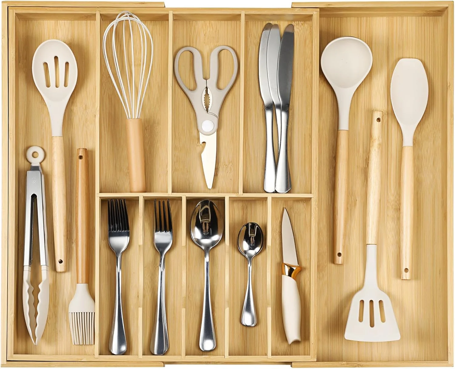 Eco-Friendly Fabsome Silverware Organizer for Cabinet Drawer Expandable from 16.7” to 30” Wide Bamboo Wood Flatware Tray for Large Kitchen Drawers Professional