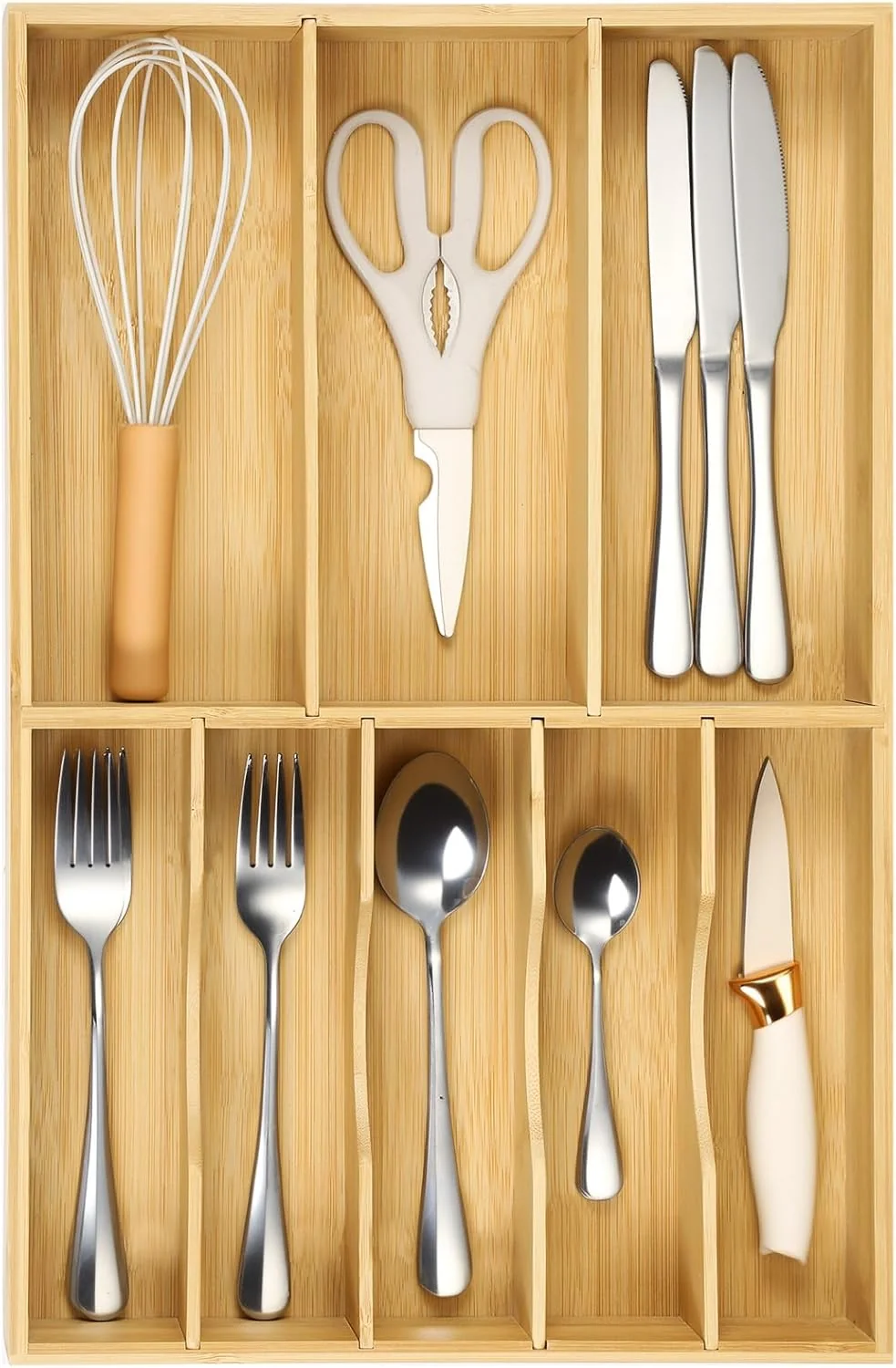 Premium Material Fabsome Silverware Organizer for Kitchen Drawers 2.5” Deep 12.8” Wide Bamboo Wood Flatware Tray with Deep Slots for Large Cutlery Utensil Drawer Premium