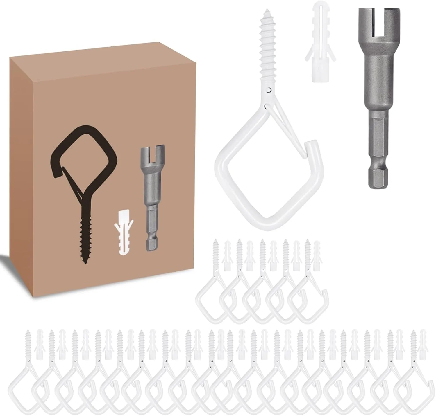 Sustainable 50 PCS White Eye Screw Hooks for Hanging Heavy Duty with Safety Buckle.Metal Ceiling Hooks for Hanging Plants Cup Wind Chime Bird Feeders Patio Practical