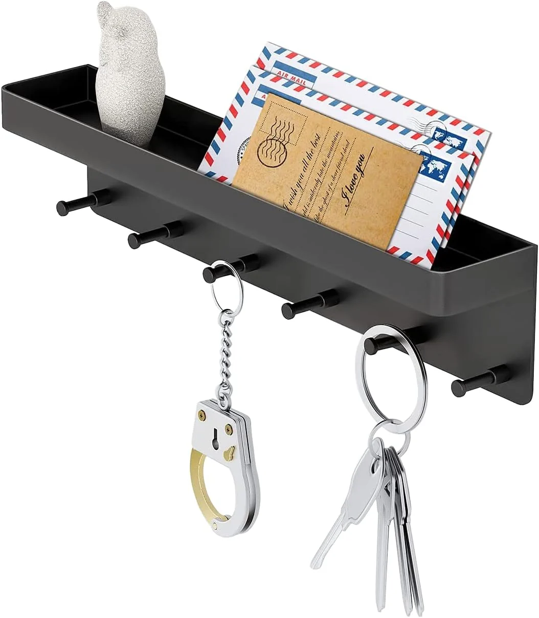 Efficient MKO Key Holder Wall Mount Key Holder Wall Mount Adhesive with Mail Organizer Tray with 6 Key Hooks for Wall Black Verified