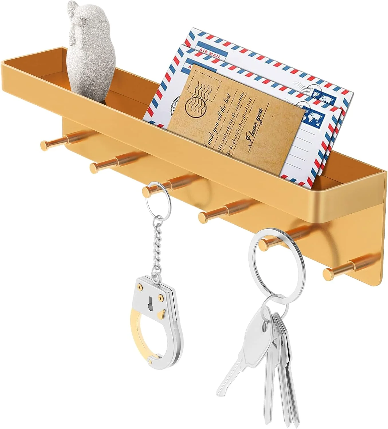 High-End MKO Key Holder for Wall Mail Organizer and Key Rack with Tray for Hallway 6 Key Hooks Wall Mount Adhesive Gold Relaxed