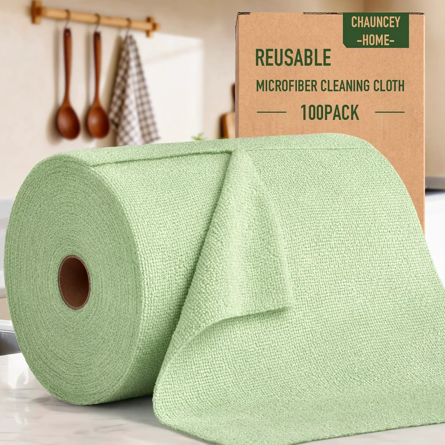 Flexible Microfiber Cleaning Cloth Roll – 100 Pack Tear Away Microfiber Paper Towels Reusable Washable Scratch- Kitchen Towels for Car Home Kitchen Glass Dishes Bean Green World-Class