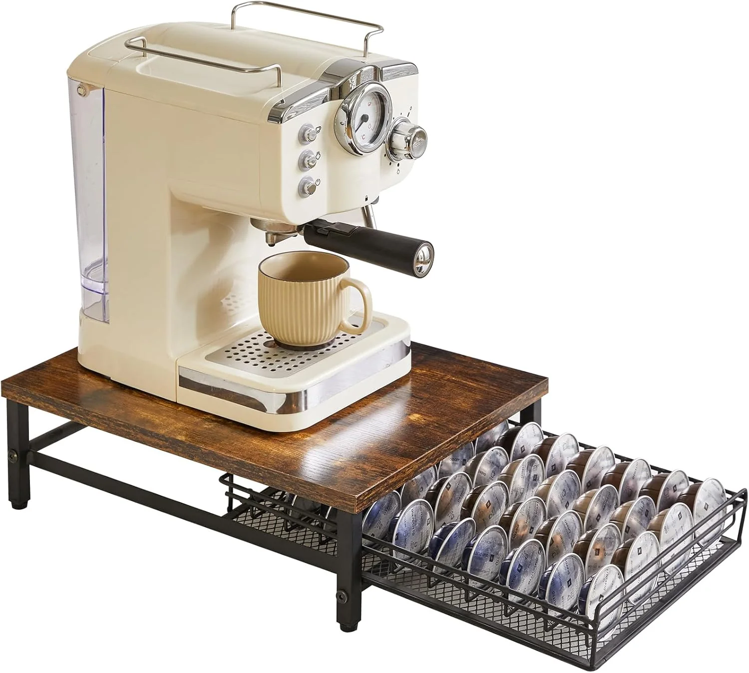 Minimalist Ibuyke Coffee Pod Drawer Holder 40 Capsule Pods Compatible for Nespresso Vertuo Pods Wooden Top and Mesh Shelves Advanced