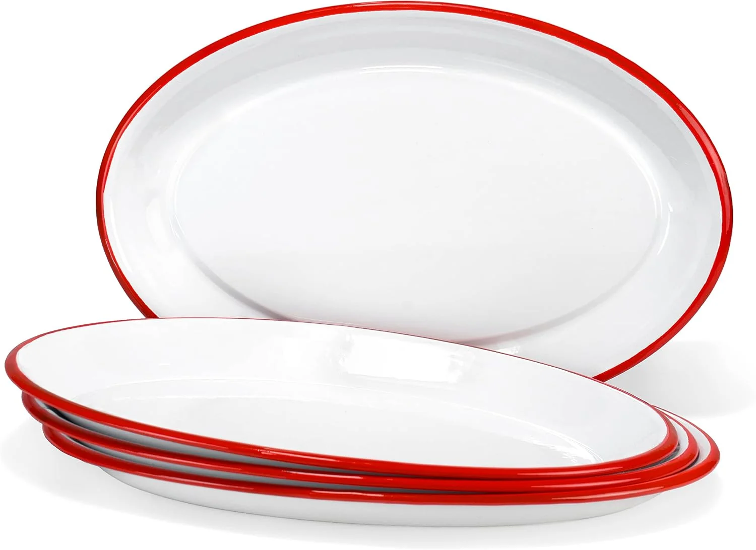 Original Design Red Co. Set of 4 Enamelware Metal Classic 13 Serving Oval Tray Platter Solid White Red Rim Durable