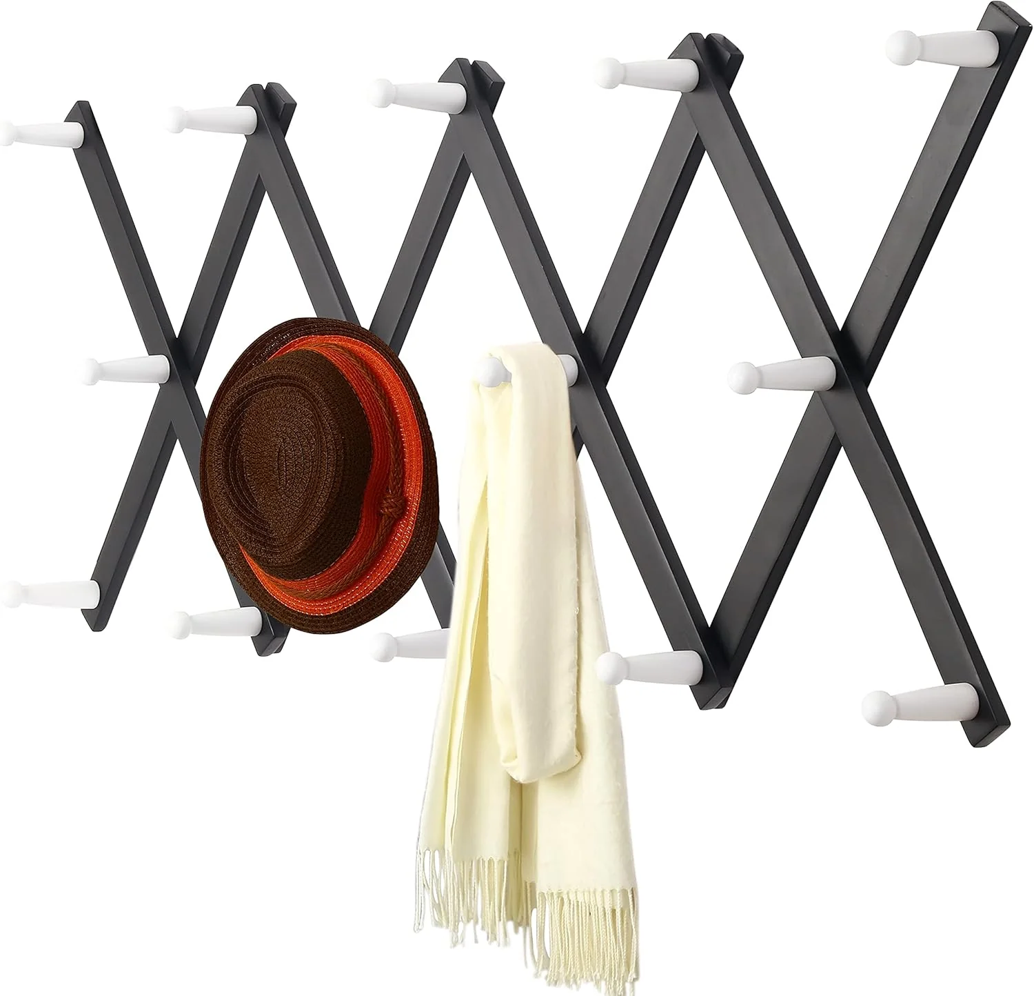 Modern Dseap Accordian Wall Hanger 16 High Wooden Wall Expandable Coat Rack Hat Rack Holder Accordion Hook for Baseball Caps Coats Mugs 14 Peg Hooks Dependable