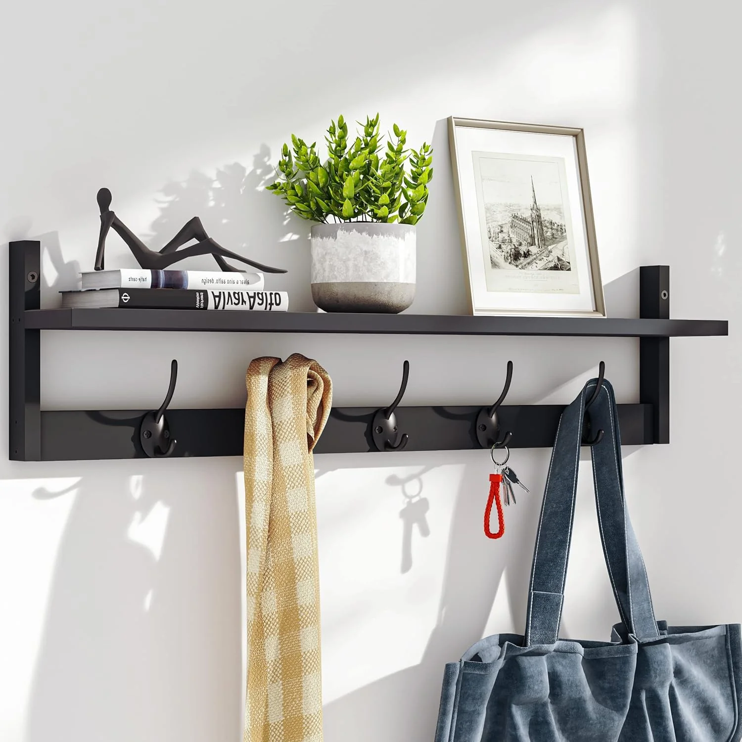 High-Performance Bameos Wall-Mounted Shelf with Hooks – 28.9 Inch Entryway Hanging Shelf with 5 Dual Hooks for Bathroom Living Room Bedroom Black Fine Crafted