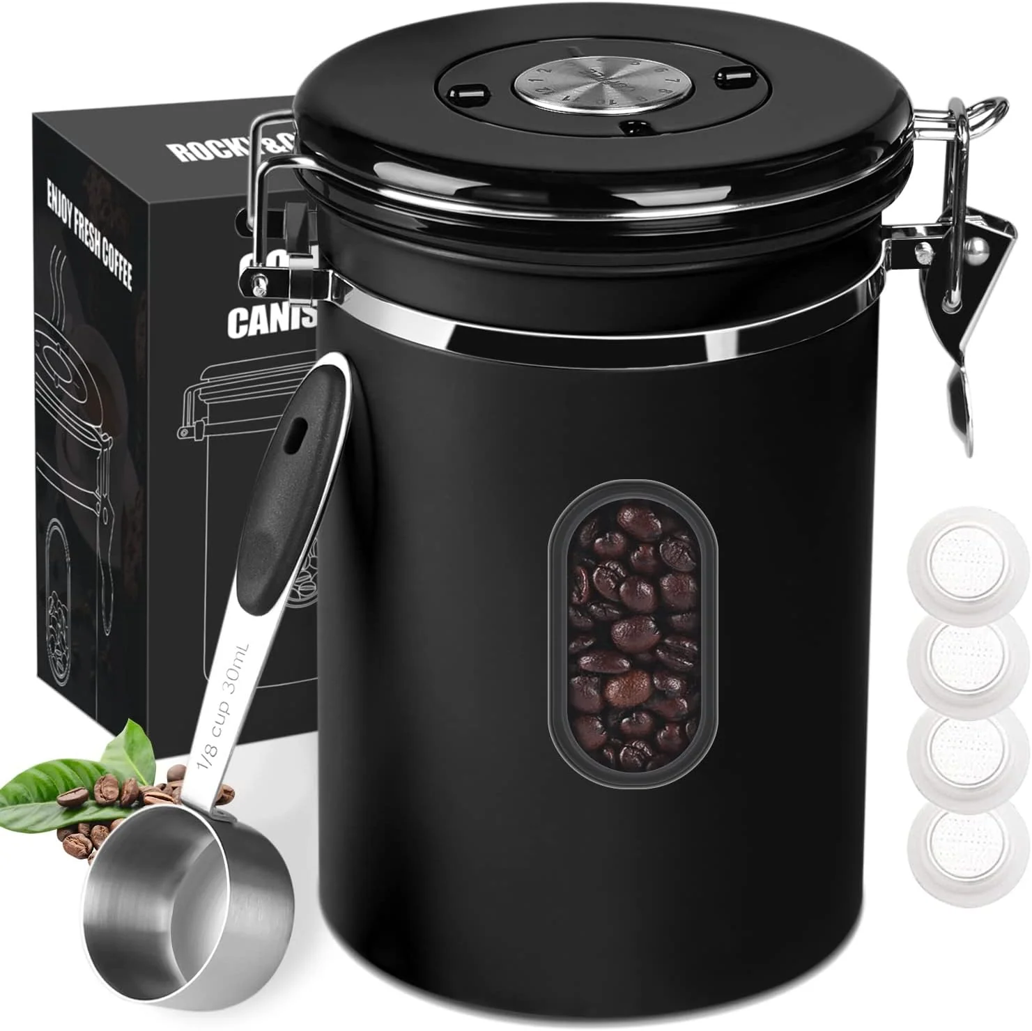 Artisan ROCKY CHAO 2800ML Coffee Canister with Date Tracker Transparent Window 35OZ Coffee Container with 30ML Measure Spoon 4 co2 Valve Consistent