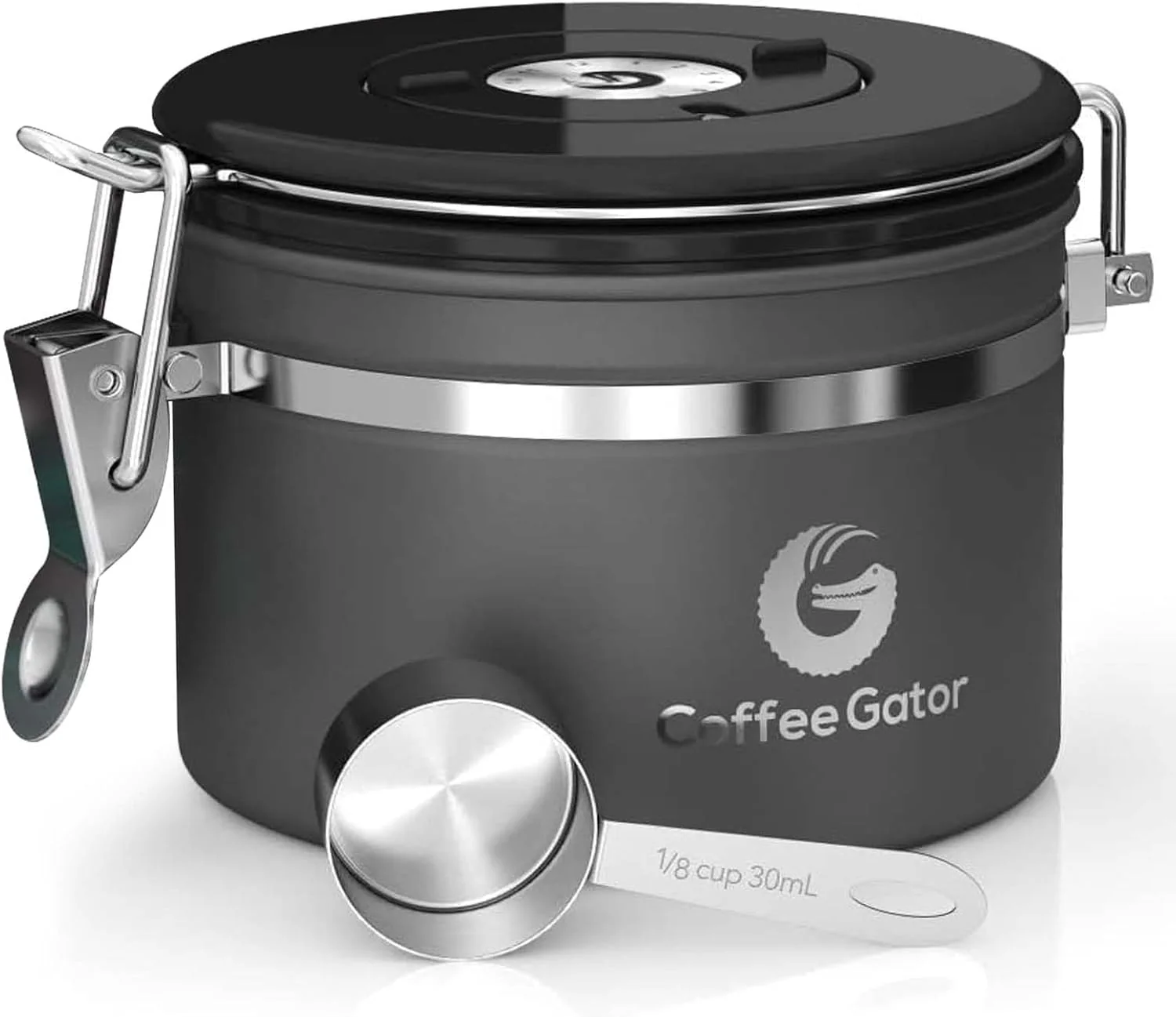 Consistent Coffee Gator Coffee Canister 11oz Airtight Stainless Steel Container w Date Tracker Scoop Kitchen Food Storage Jars for Beans Ground Espresso Rice Tea Sugar Cookie Bar Accessories Gifts High-Performance