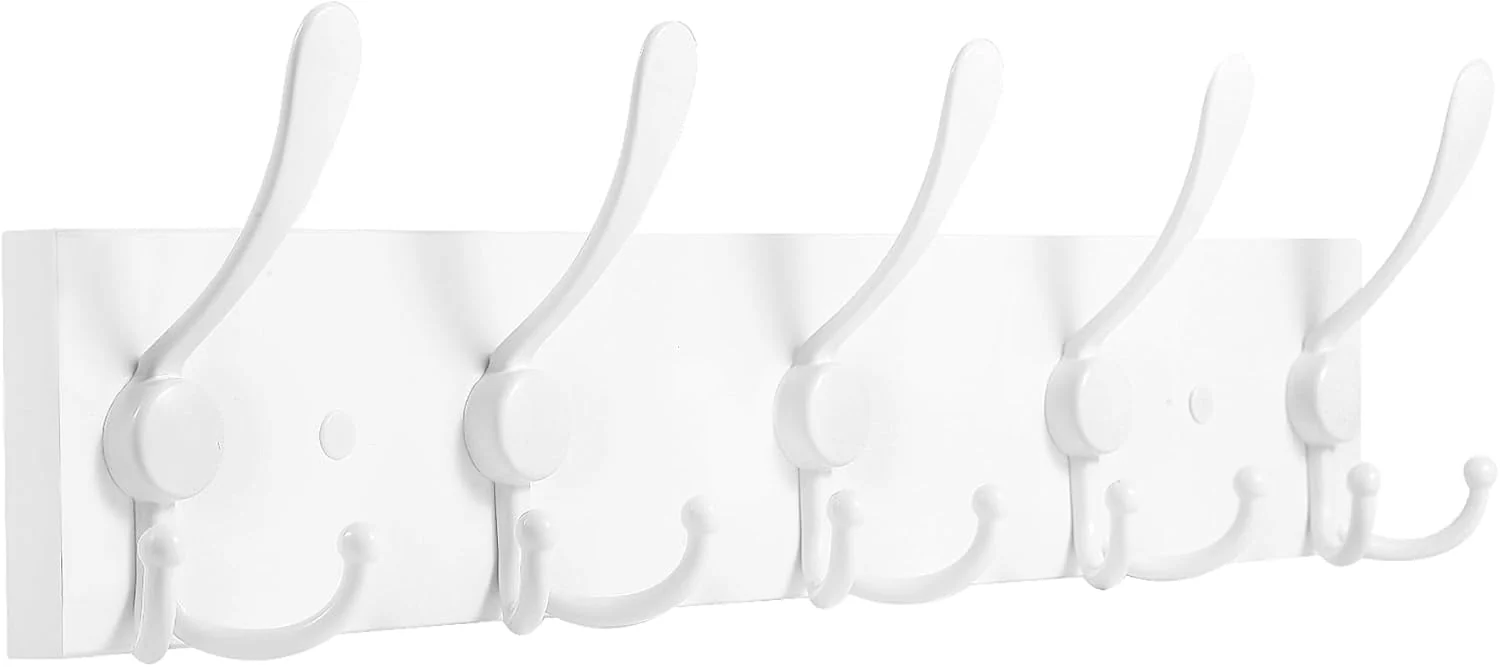 Artisan Coat Rack Wall Mount Coat Hooks Wooden Hat Rack for Wall Hooks Pine Wood Plank 16.9 White Coat Hanger with 5 White Triple Hooks for Hanging Smooth