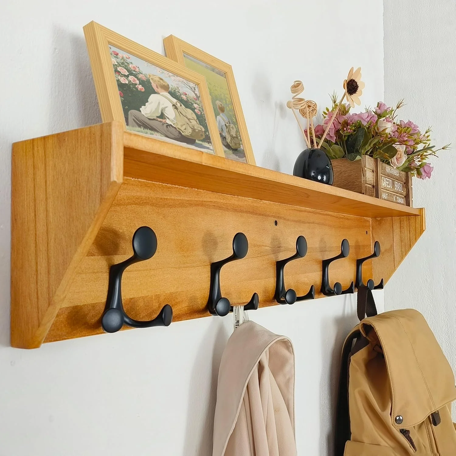 Luxury Skoloo Wall Shelf with Hooks 35-Inch Brown Coat Rack Wall Mount with Shelf Organizer – Lightweight Sturdy 5 Tri Hooks – for Entryway Consistent