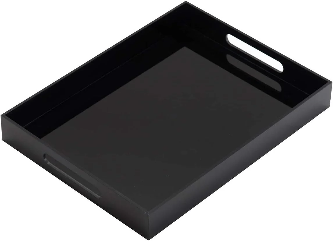 Enhanced Glossy Black Sturdy Acrylic Serving Tray with Handles – 10×15 Inch Coffee Appetizer Breakfast Tray – Butler Kitchen to Vanity Table Decorative Classic