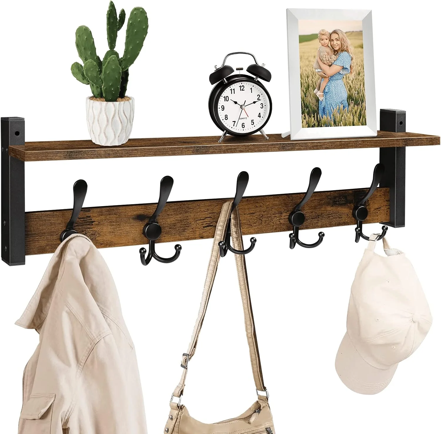 Comfortable Homode Rustic Brown Wall Mount Coat Rack with Shelf and 5 Tri Hooks Wood Coat Hangers for Hanging Hat Towel Purse Jacket Powerful