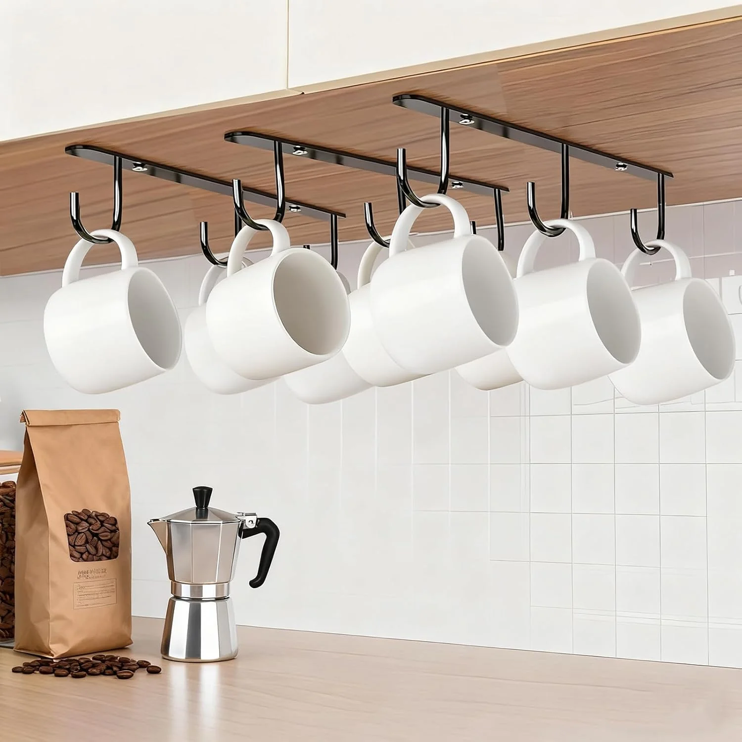 Eco-Friendly 3pcs Under Cabinet Mug Hooks Adhesive Screw 2 Ways Install Mug Holder Coffee Cups Hook with 9 Hooks Powerful