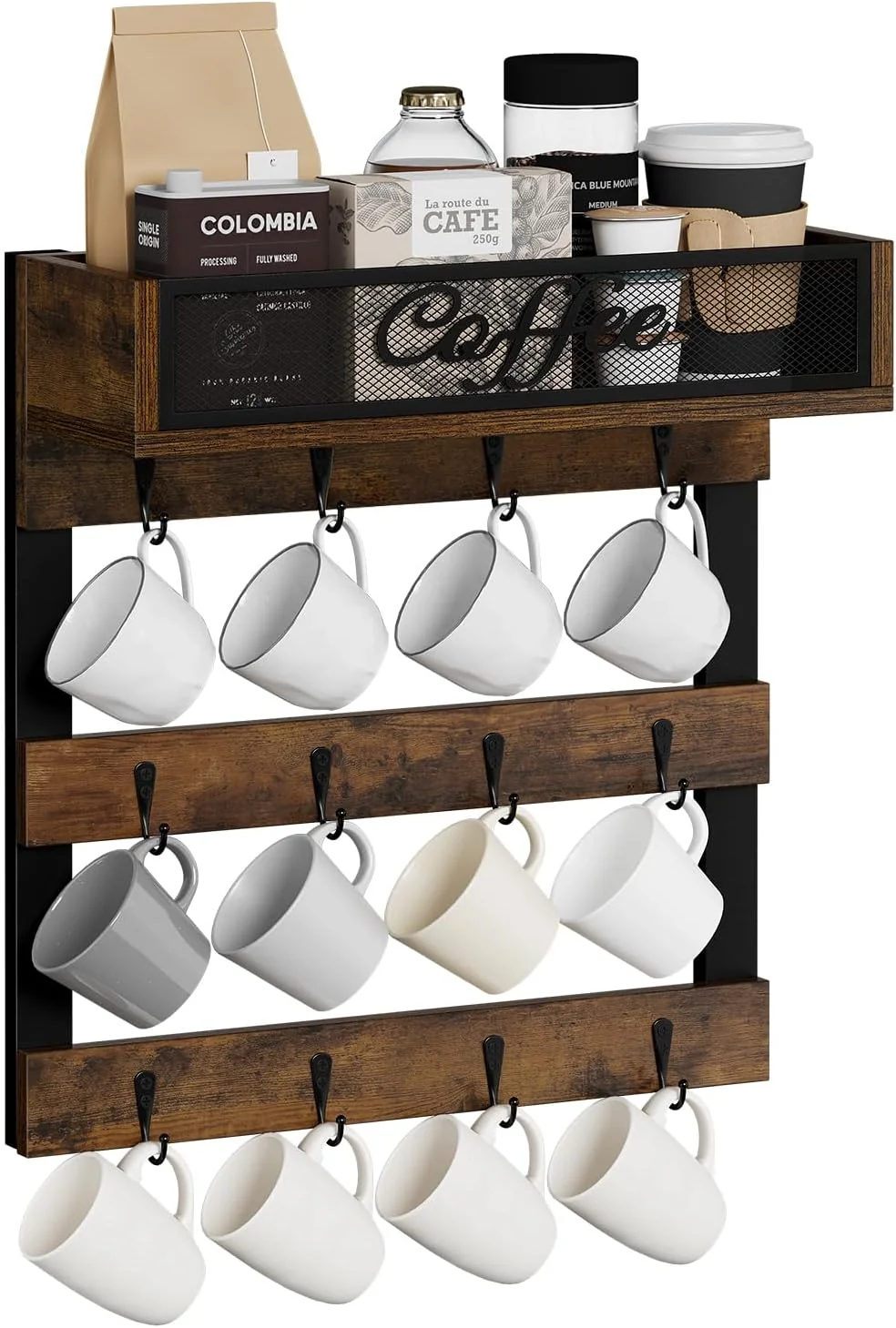 Authentic Yinmit Coffee Mug Holder with 12 Hooks Coffee Cup Holder Wall Mounted with Top Shelf Mug Organizer for Home Kitchen Brown Unique
