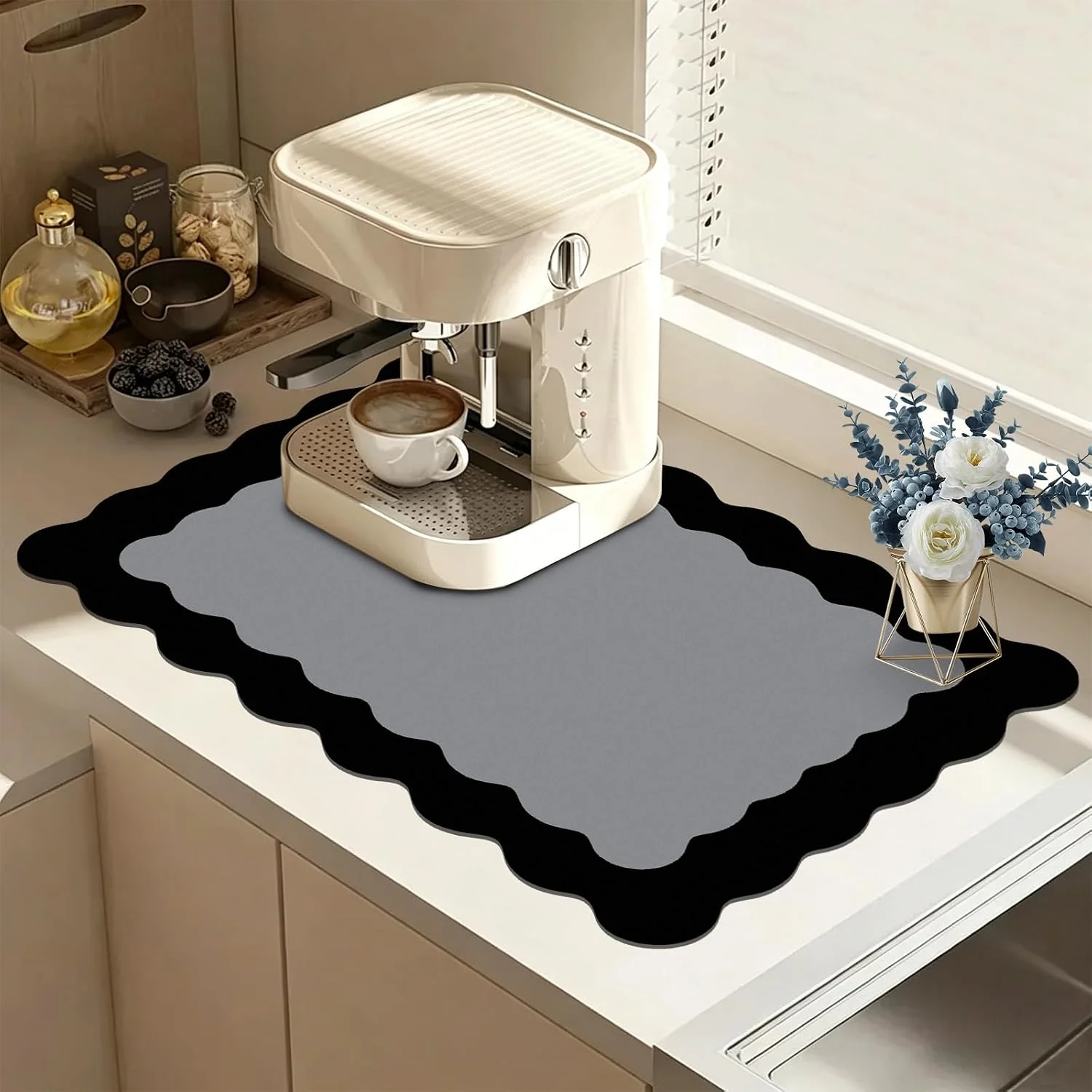 Relaxed Black Scalloped Coffee Mat for Countertop Coffee Bar Mat Matt Diatomite Absorbent Non-Slip Rubber Backing Coffee Staion Mats for Kitchen Counter Kitchen Aesthetic Decor 12 x19 Black Detailed