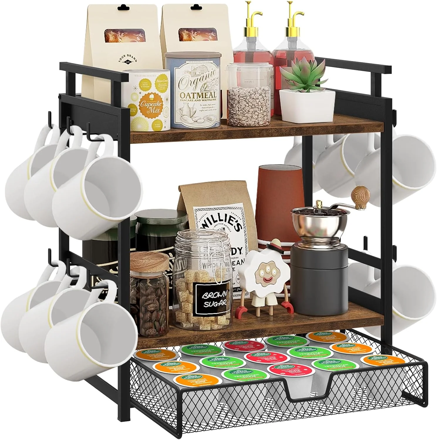Casual Coffee Bar Organizer 3 Tier Coffee Station Organizer for Countertop Mug Cup Holder Stand with 12 Hooks with K Cup Storage Drawer Responsible