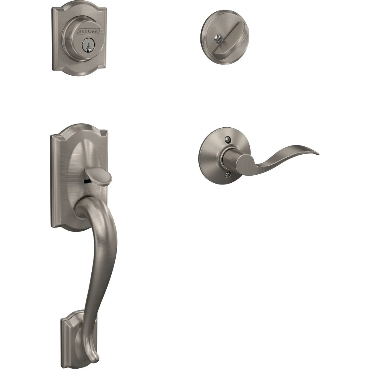High-Performance Schlage Camelot Handleset with Single Cylinder Deadbolt and Accent Lever in Satin Nickel – Right Handed Sophisticated