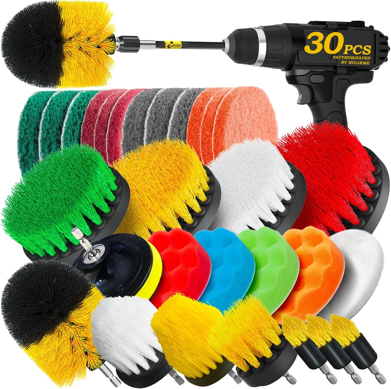 Trendy Holikme 30Pack Drill Brush Attachments Set Scrub Pads Sponge Power Scrubber Brush with Extend Long Attachment All Purpose Clean for Grout Tiles Sophisticated