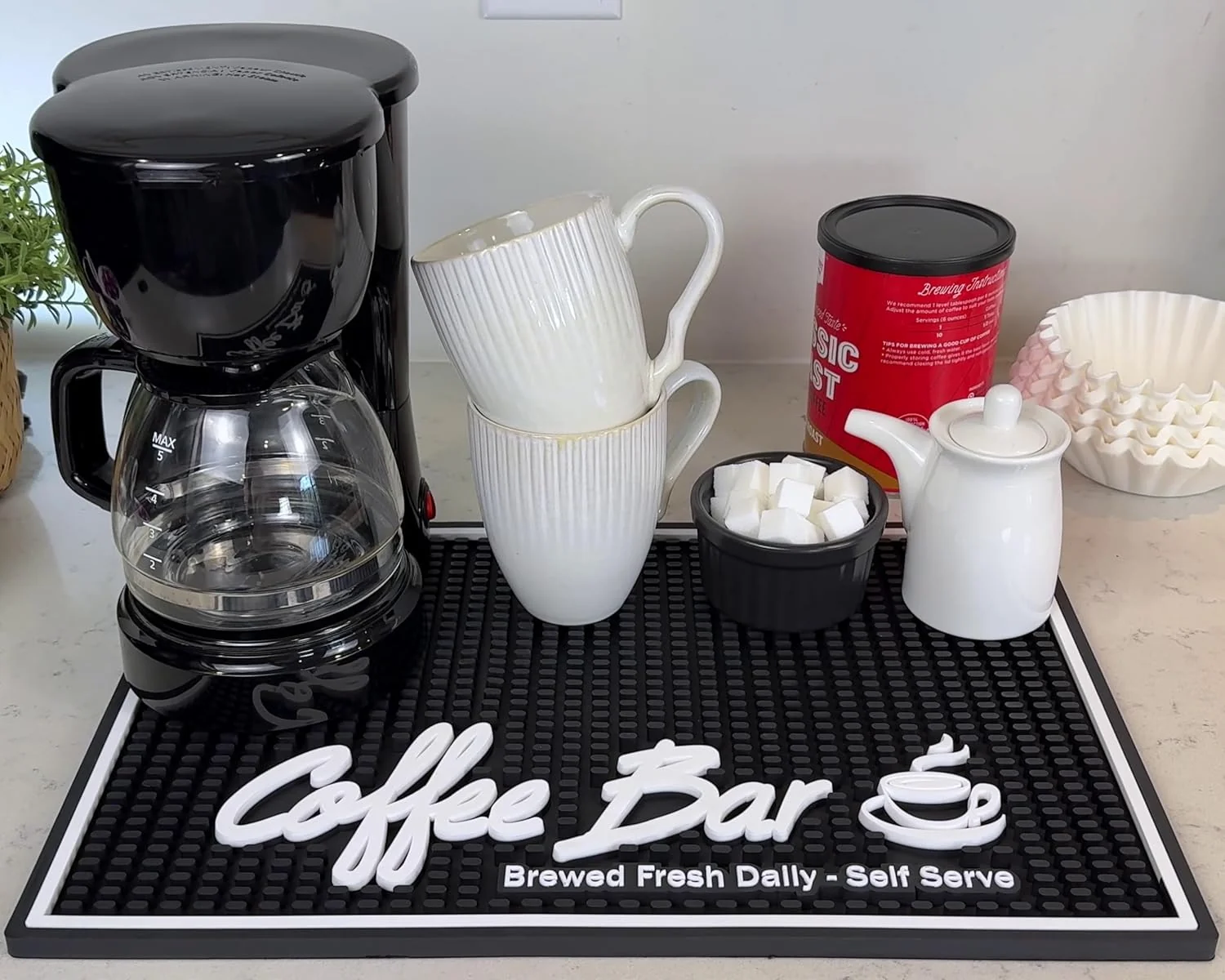 Quality Coffee Station Mat Brewed Fresh Daily Self Serve Coffee Bar Matt for Countertop Large 18 x 12 in Mats for Kitchen Decor and Accessories Sign for High-Performance