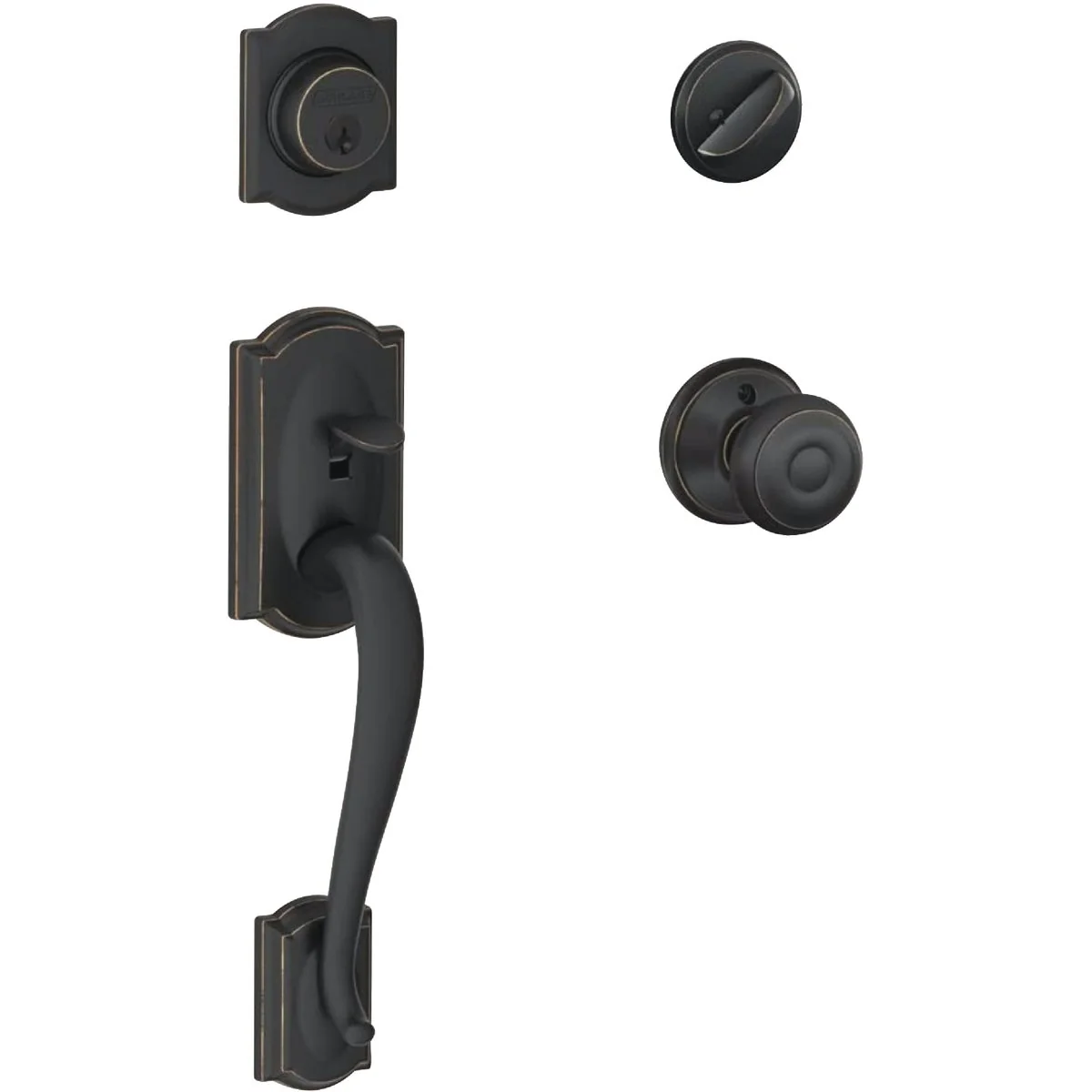 Stylish Schlage Camelot Handleset with Single Cylinder Deadbolt and Georgian Knob in Aged Bronze Outstanding