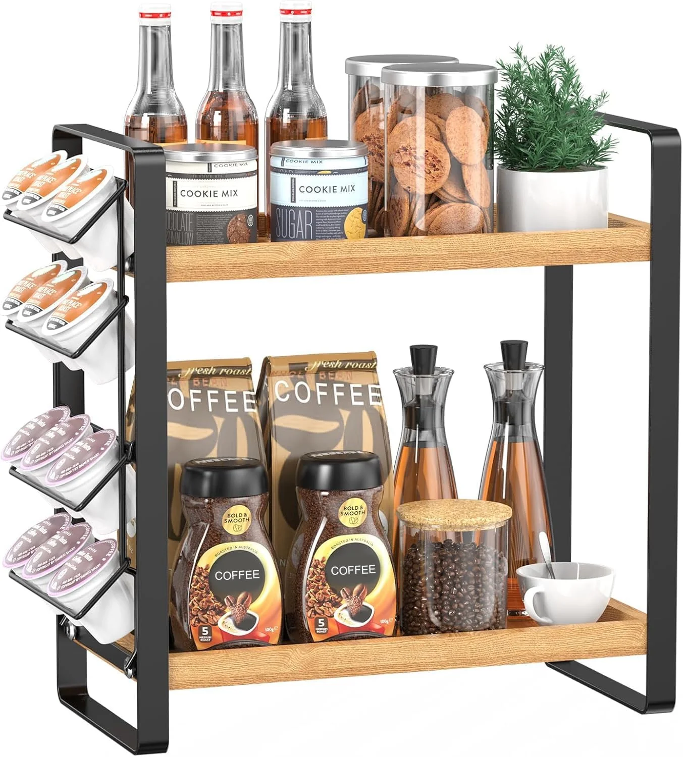 High-Grade Lemikkle Coffee Station Organizer for Counter Condiment Storage Caddy for Kitchen 2 Tier Wooden Shelf for Coffee Bar Accessories Organic