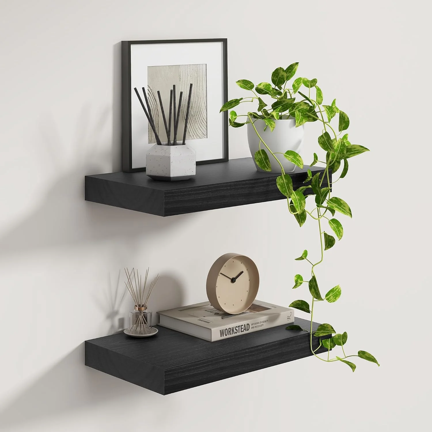 Crafted Fun Memories 9 Inch Deep Black Floating Shelves Farmhouse Rustic Natural Wood Floating Shelf Wall Mounted 16 x 9 Wall Shelves Set of 2 Soft