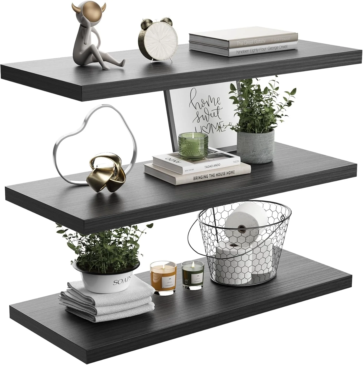 Fine Crafted Wall Shelf Set of 3 Dark Wood Floating Shelves 24 in W x 10 in D x 1 in H Wooden Floating Wall Shelf with Invisible Brackets for Living Trusted