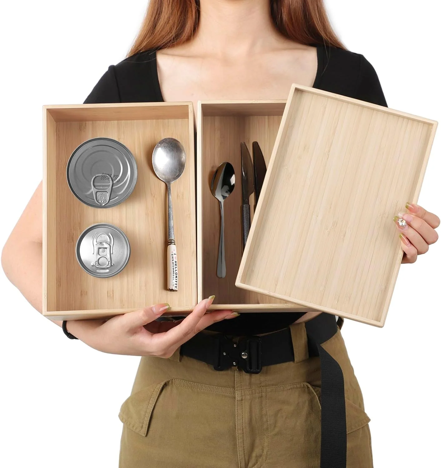 Professional Stackable Bamboo Drawer Organizer Set – 2 Boxes with 1 Lid Wood-Laminated Trays for Kitchen Utensils Silverware Flatware – Storage Fits Cabinets Unique
