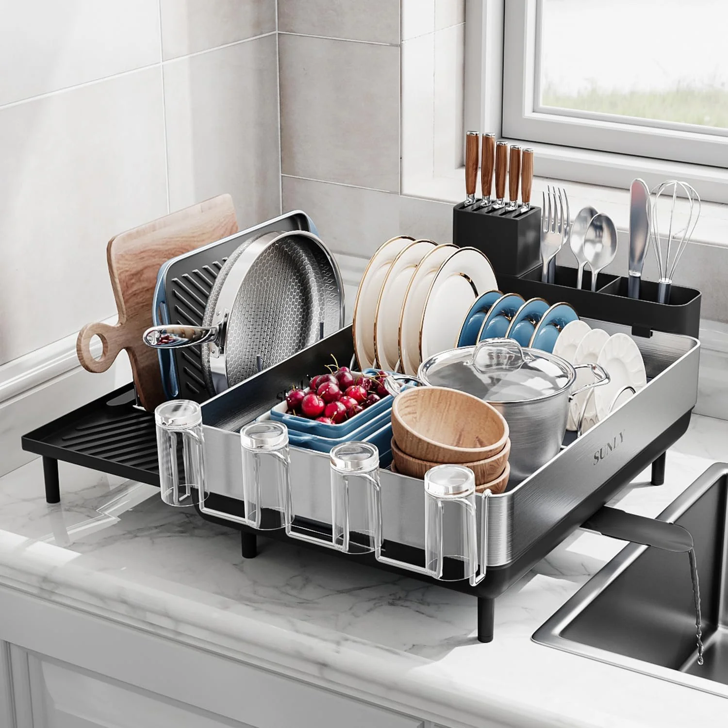Safe Sunly Large Dish Drying Rack Expandable Dish Racks for Kitchen Counter Space Saving 304 Stainless Steel Drying Rack Kitchen Elite