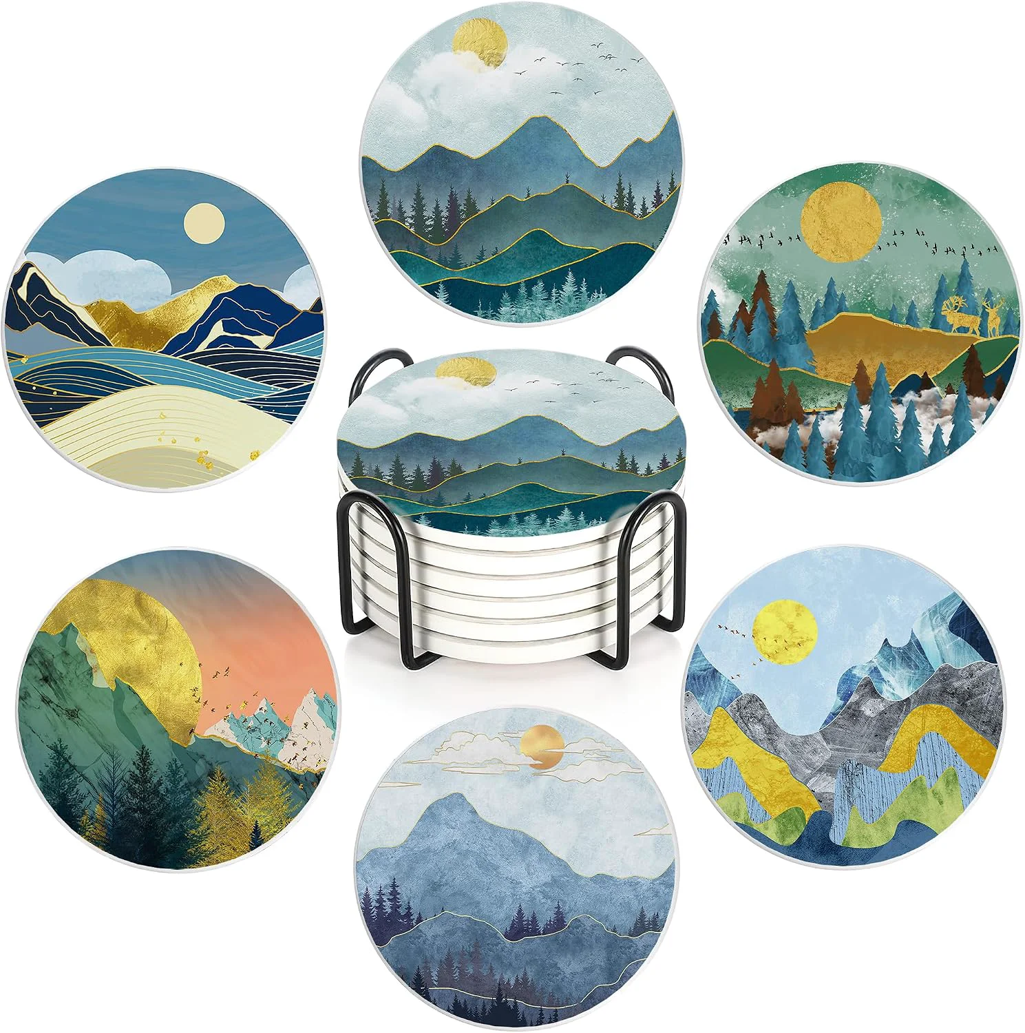 Safe 6 Pcs Coasters for Drinks with Holder Abstract Mountain Sun Absorbent Ceramic Coasters with Cork Base Cute Funny Table Drinks Coasters Tabletop Protection Mat Table Home Decor 4 Inches Responsible