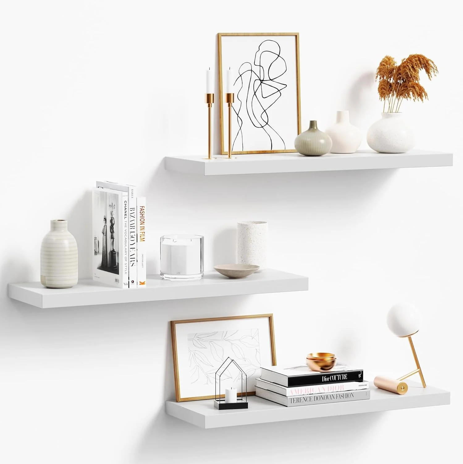 Long-Lasting 3-Pack 24 White Modern Wooden Floating Shelves Wall Mounted Set of 3 6.7 W x 24 L x 1 H 25lbs Load Capacity Each for Bathroom Kitchen Living Room Bedroom Secure
