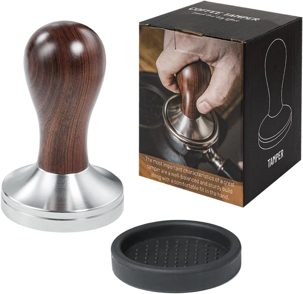 Environmentally Friendly Coffee Tamper Espresso Press with Tamper Mat 304 Stainless Steel Flat Base Wooden Handle for Coffee Grounds Barista Espresso Machines Accessory 51MM Easy-to-Use