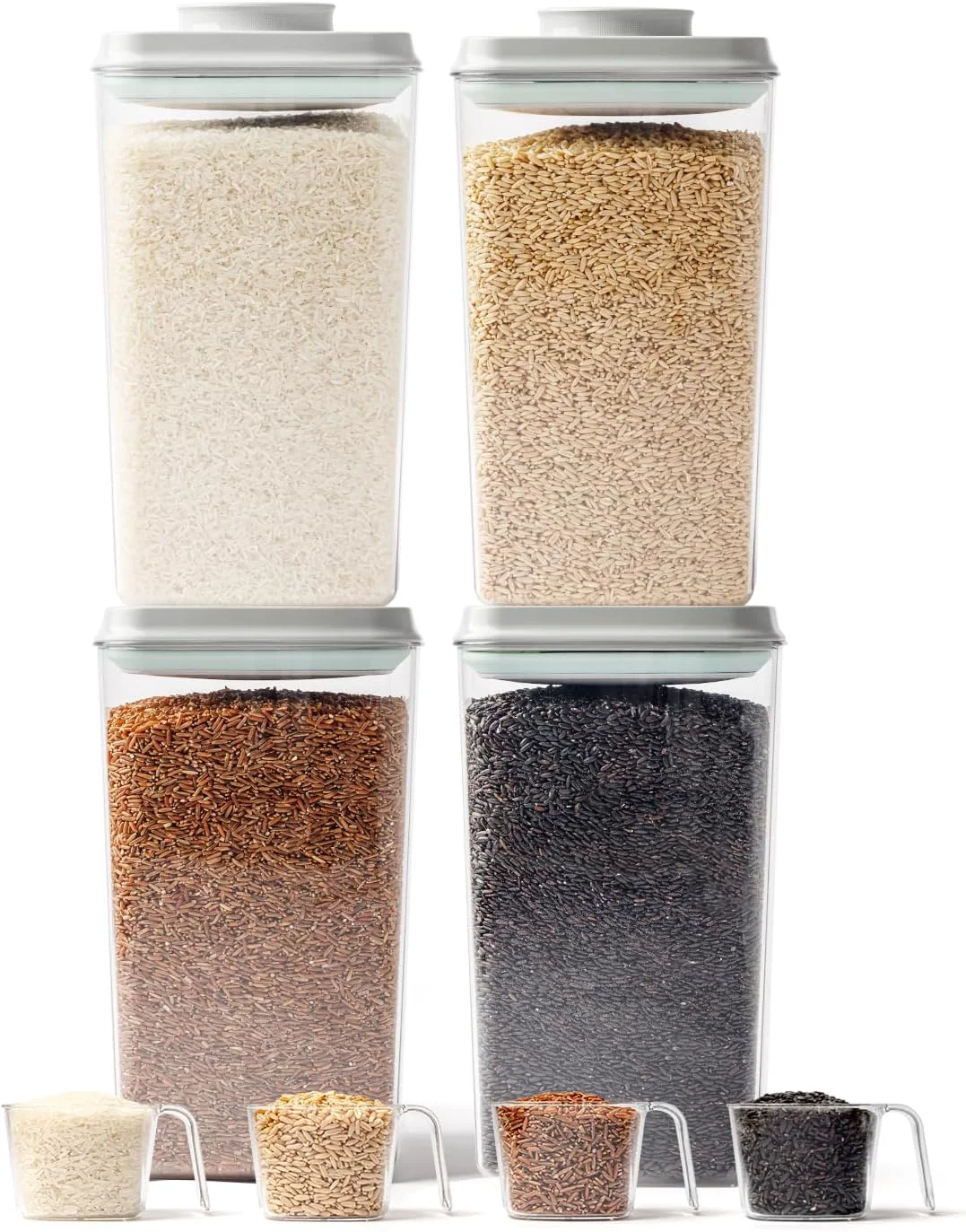 Safe 4 Pack Airtight Food Storage Containers with One-Hand Pop Lid 4.23Qt Rice Grain Organizer Set with Measuring Scoop Original Design