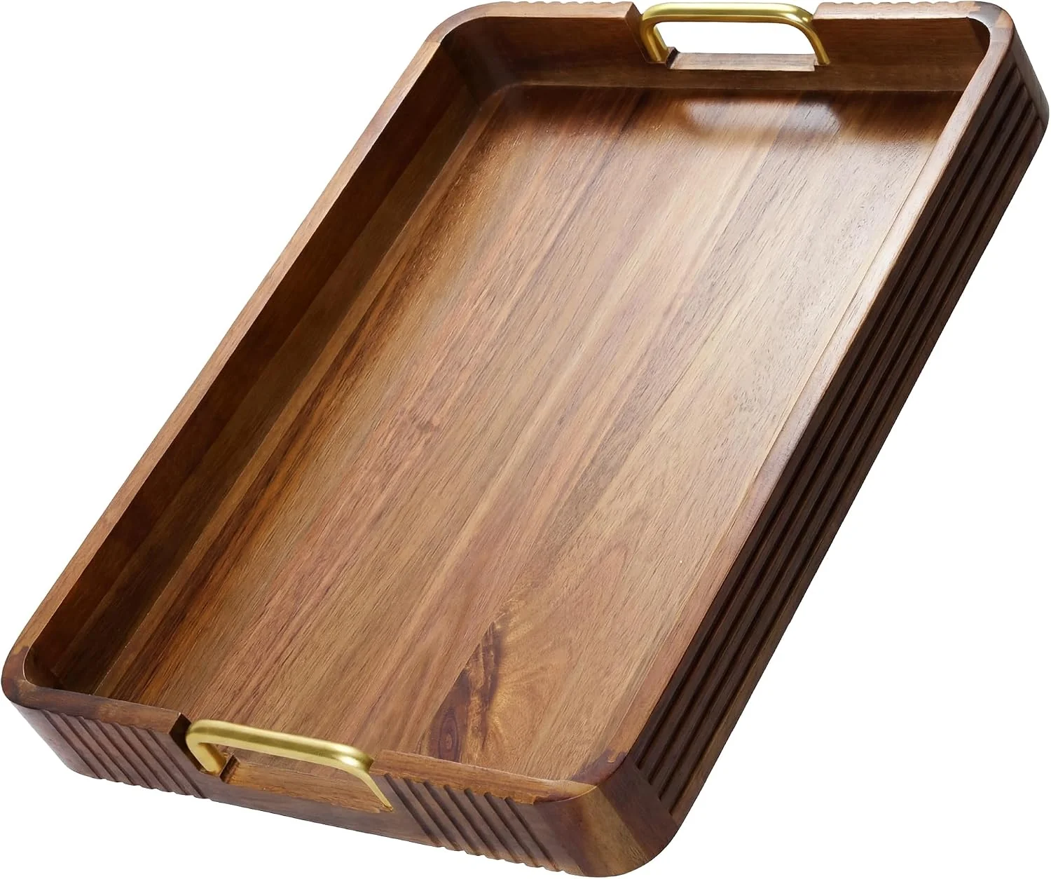 Top-Quality Acacia Wood Serving Tray with Gold Handles Natural 17 x 13 x 2 Decorative coffee table tray for living room amp ottoman tray with anti-slip pads bar tray Breakfast in Bed and gift box. Expertly Made