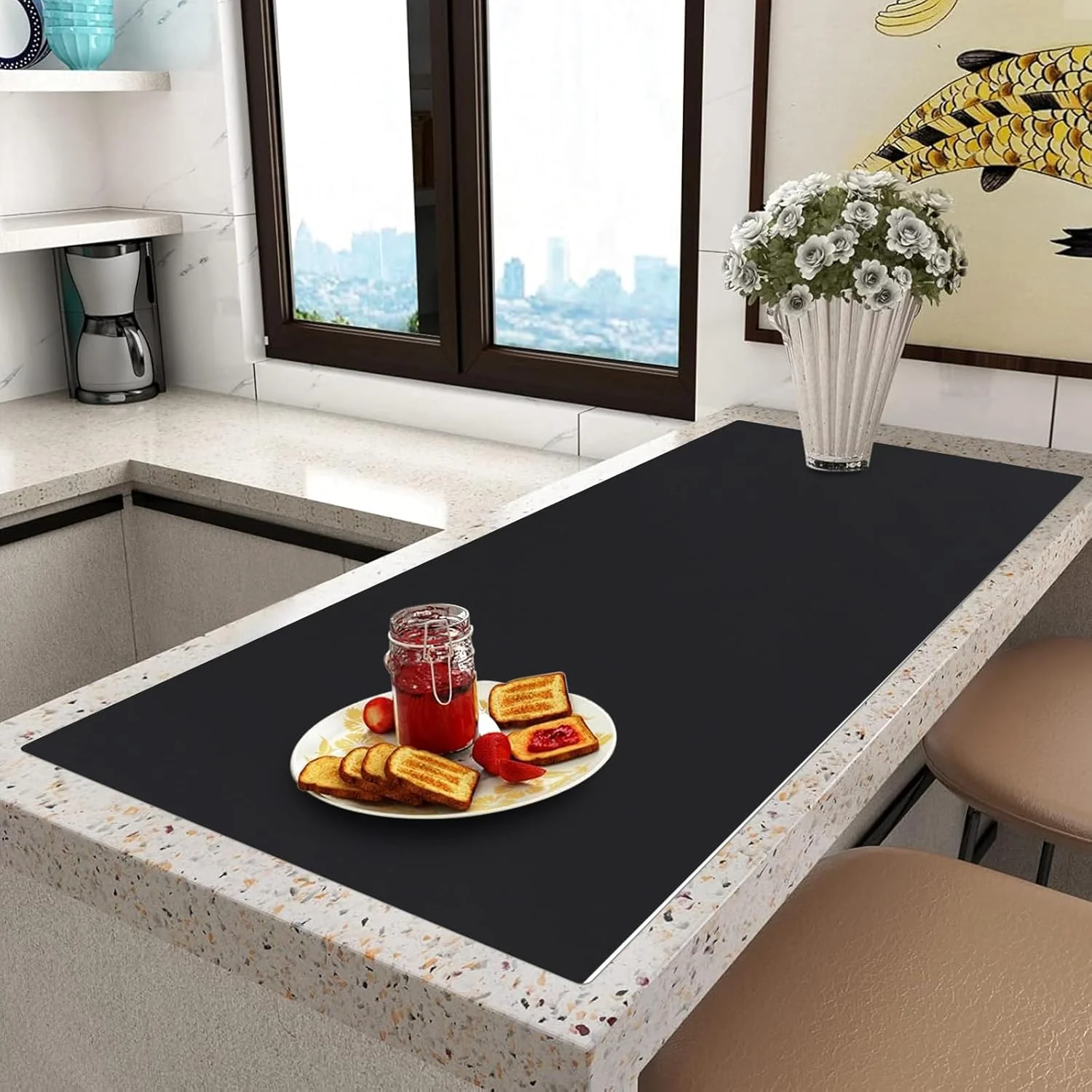 Flexible Extra Large Silicone Mat Silicone Mats for Kitchen Counter Island Dinner Table Countertop Protector Heat Resistant Mat 120 x 48 Black Breathable