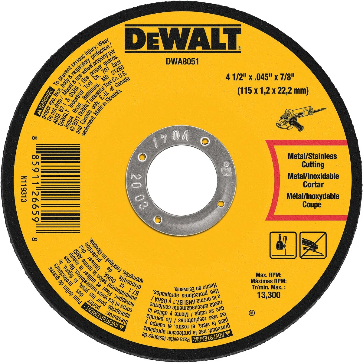 Premium Material DeWalt Type 1 4-1 2 In. x 0.045 In. x 7 8 In. Metal Stainless Cut-Off Wheel Fine