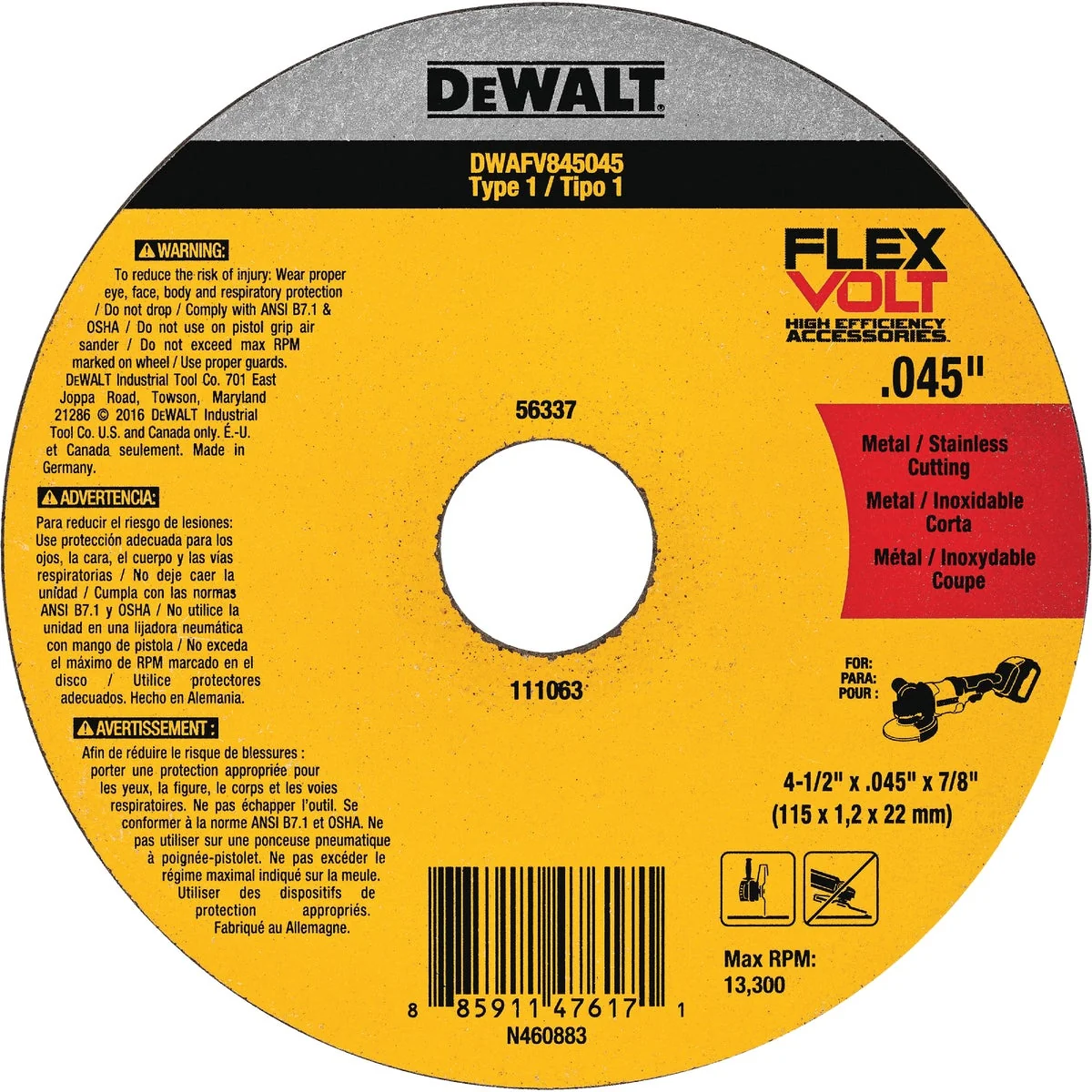 Recyclable DeWalt Flexvolt Type 1 4-1 2 In. x 0.045 In. x 7 8 In. Metal Stainless Cut-Off Wheel Versatile