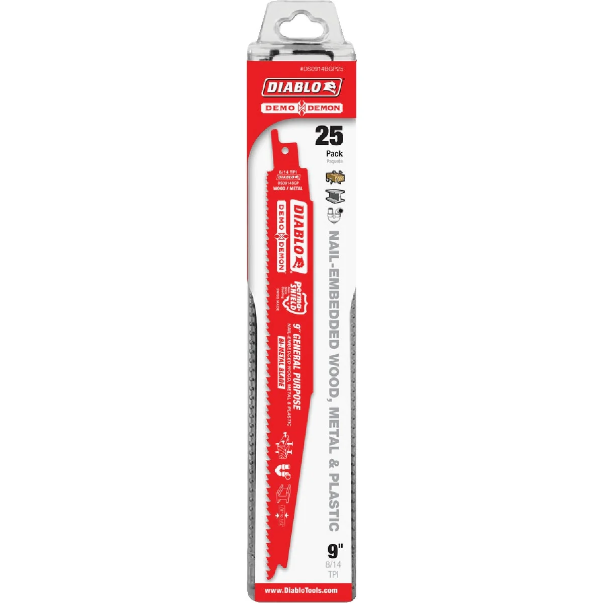 Fine Crafted Diablo Demo Demon 9 In. 8 14 TPI Wood and Metal Cutting Reciprocating Saw Blade 25-Pack Organic