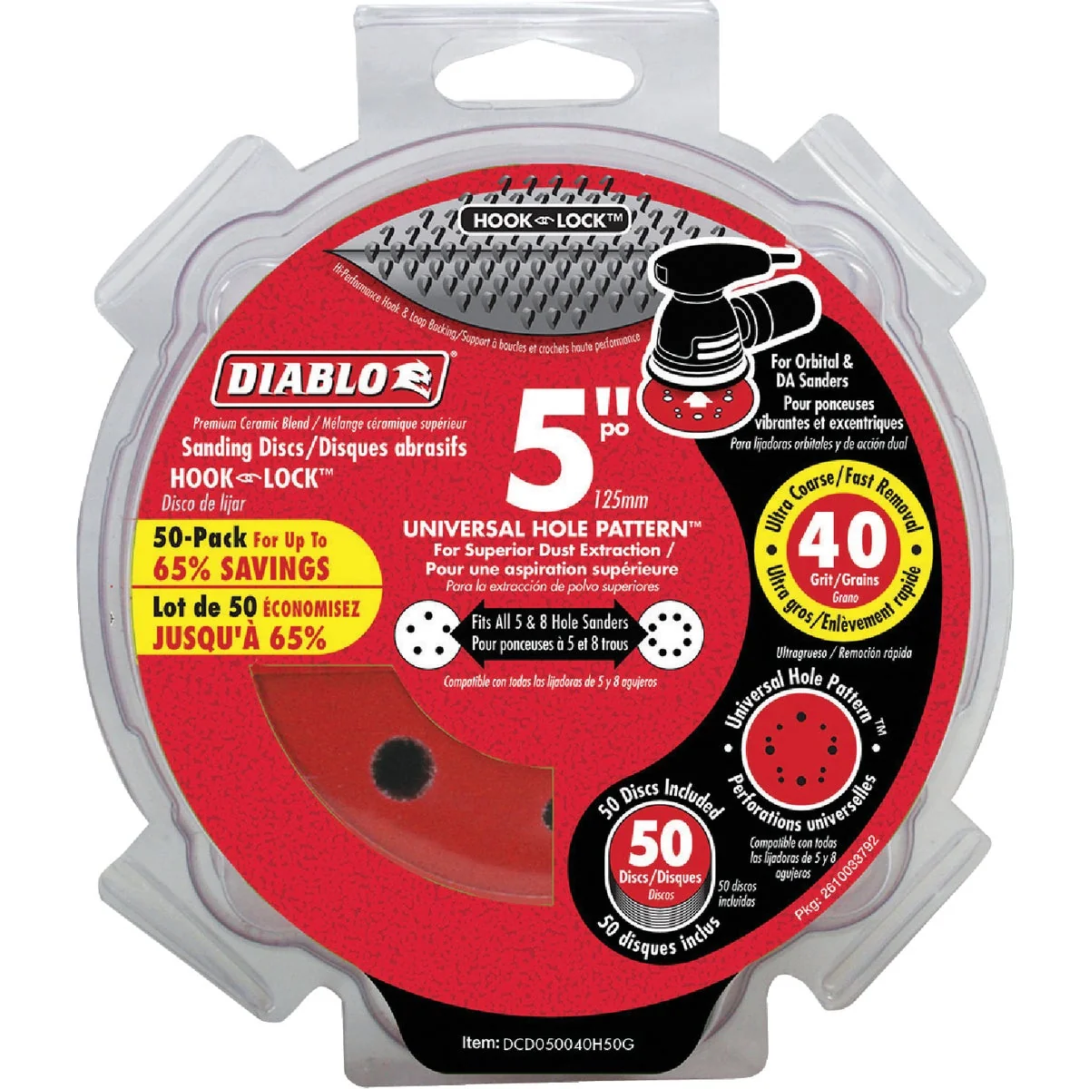 Consistent Diablo 5 In. 40-Grit Universal 12-Hole Vented Sanding Disc with Hook and Lock Backing 50-Pack Exceptional