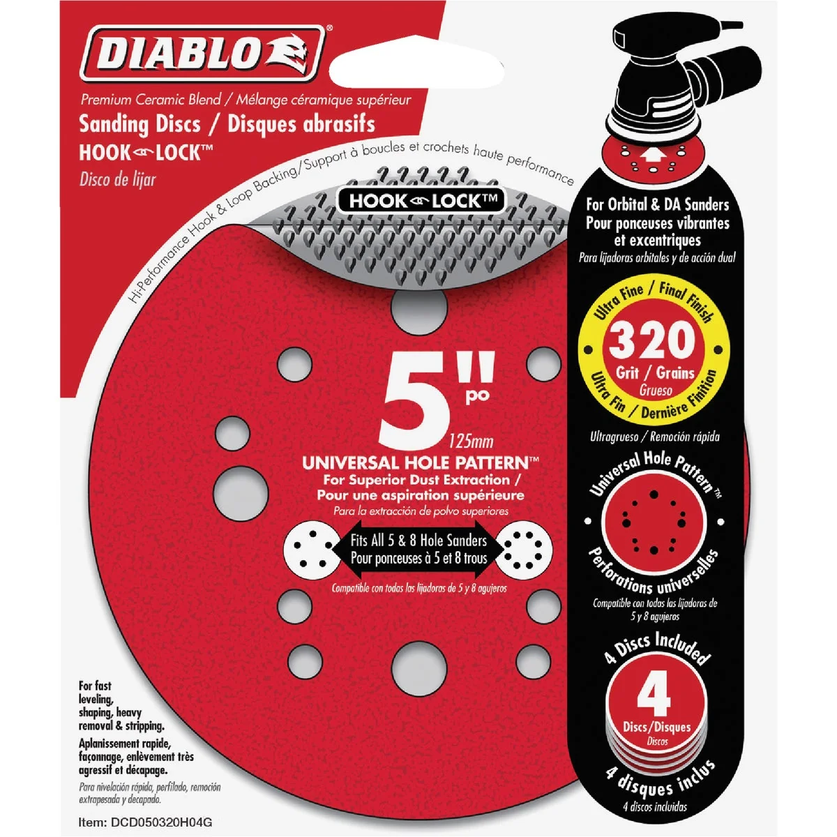 Green Diablo 5 In. 320-Grit Universal 12-Hole Vented Sanding Disc with Hook and Lock Backing 4-Pack Functional